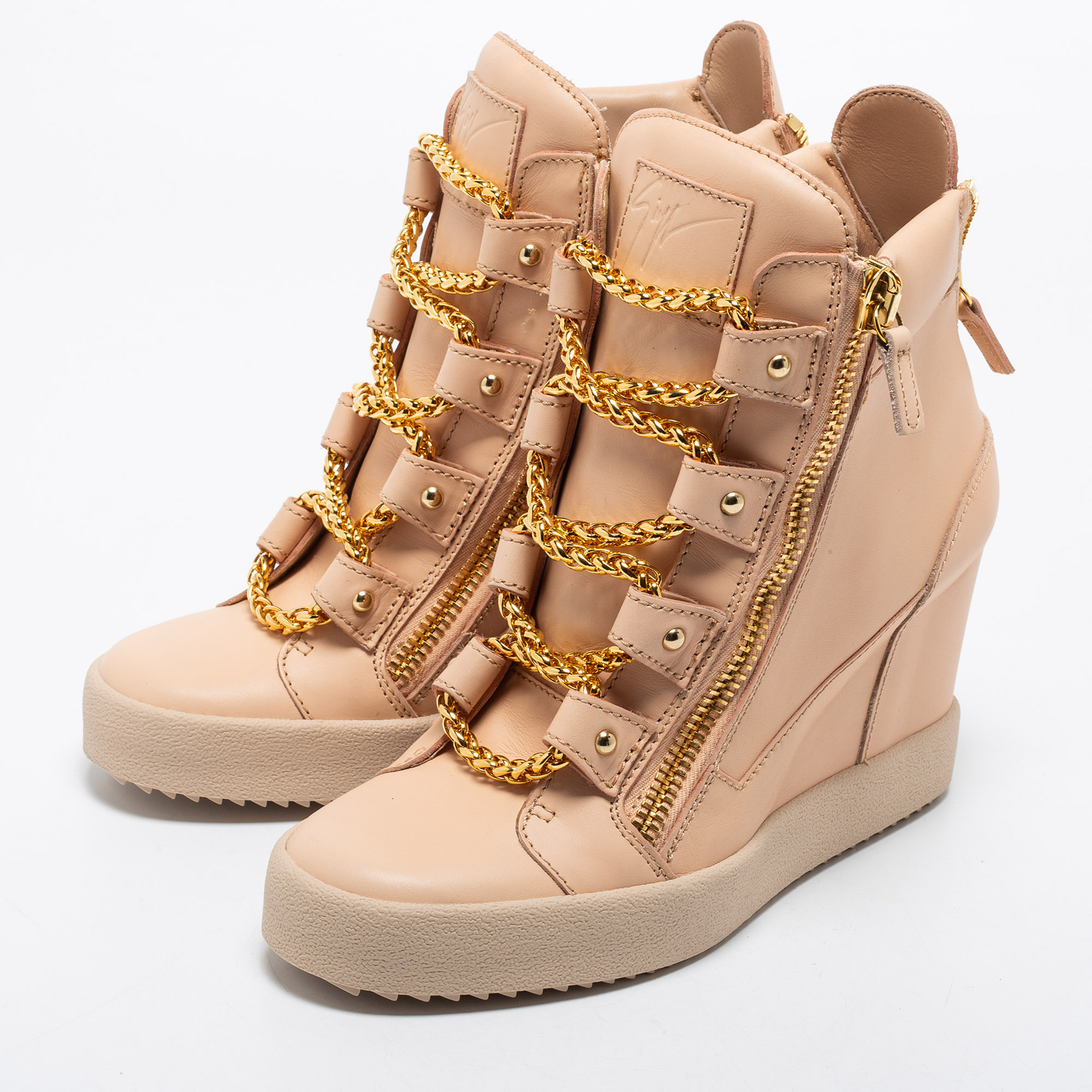 

Giuseppe Zanotti Beige Leather Chain Detail High Top Wedge Sneakers Size