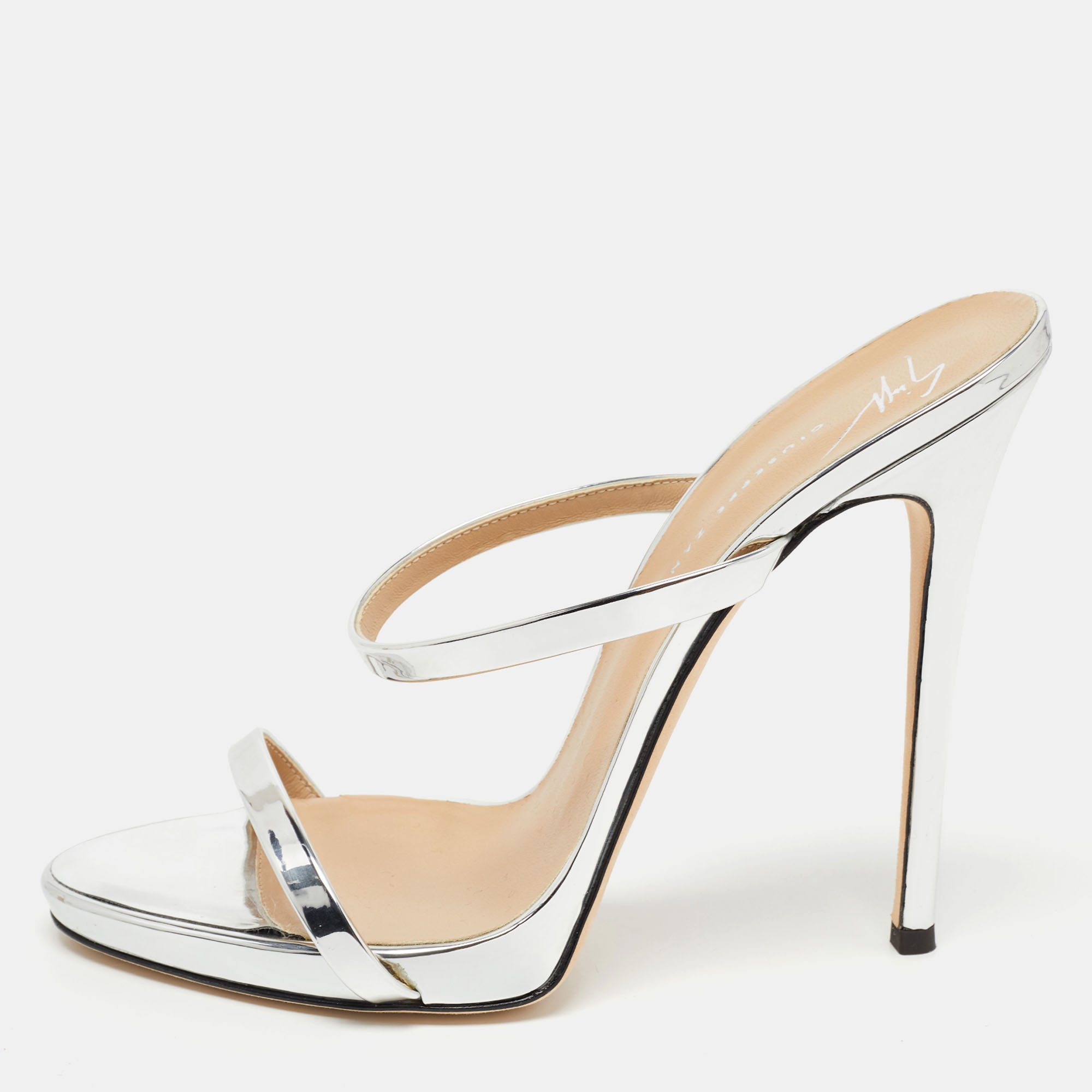 Pre Owned Giuseppe Zanotti Silver Leather Darsey Slide Sandals Size 38