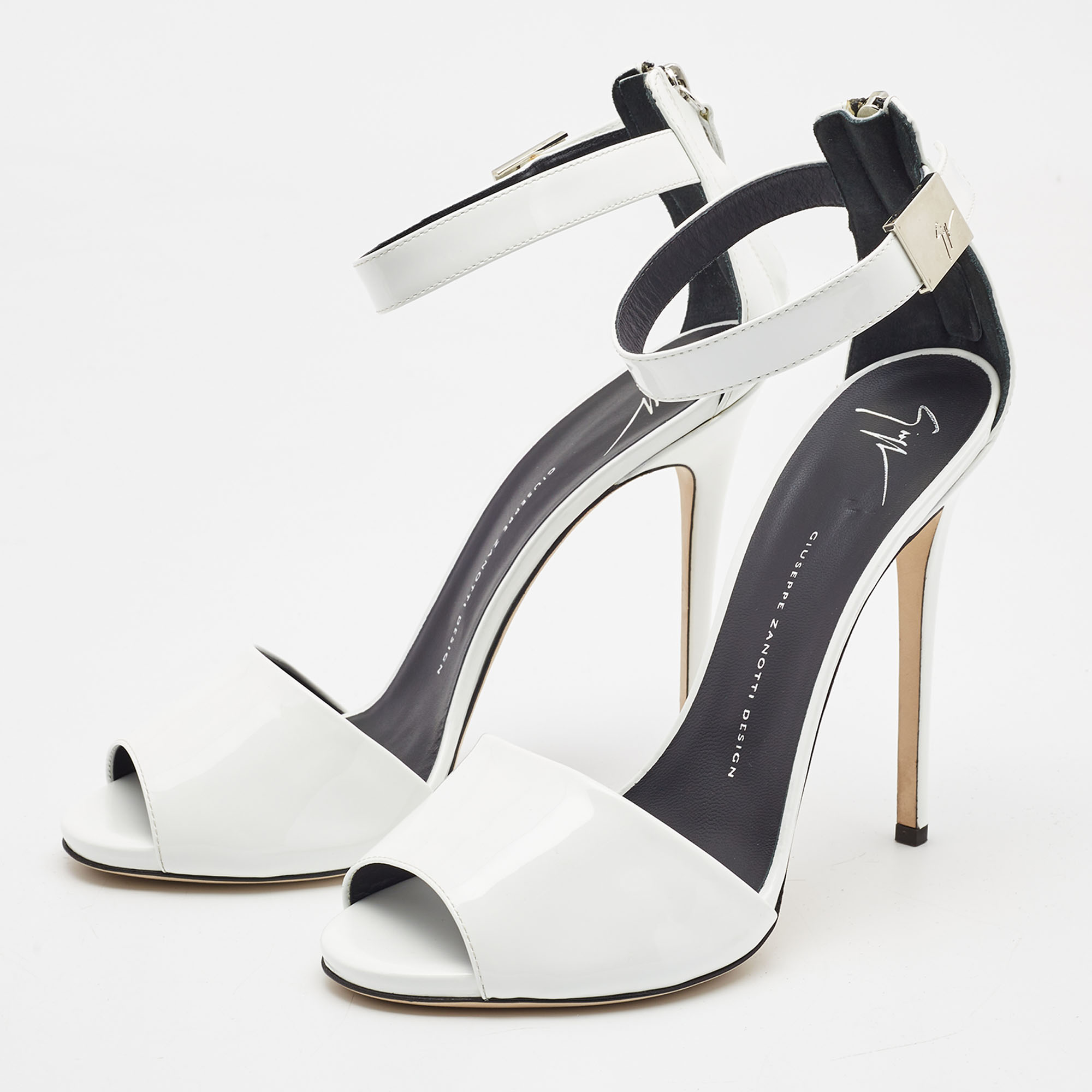 

Giuseppe Zanotti White Patent Leather Peep Toe Ankle Strap Sandals Size