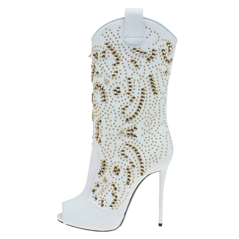 

Giuseppe Zanotti White Studded Leather Coline Peep Toe Mid Calf Boots Size
