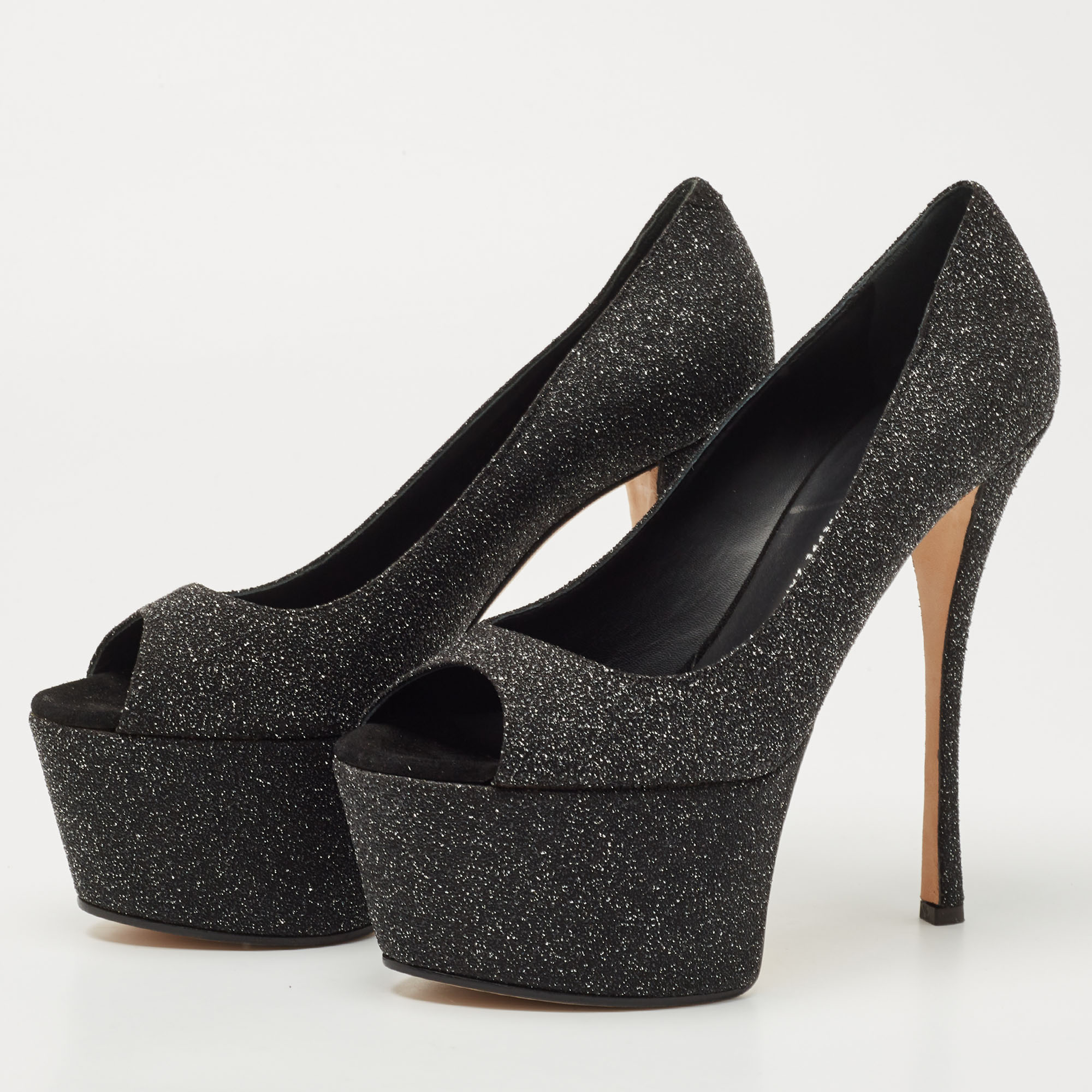 

Giuseppe Zanotti Black Glitter Suede Sharon Platform Peep Toe Pumps Size