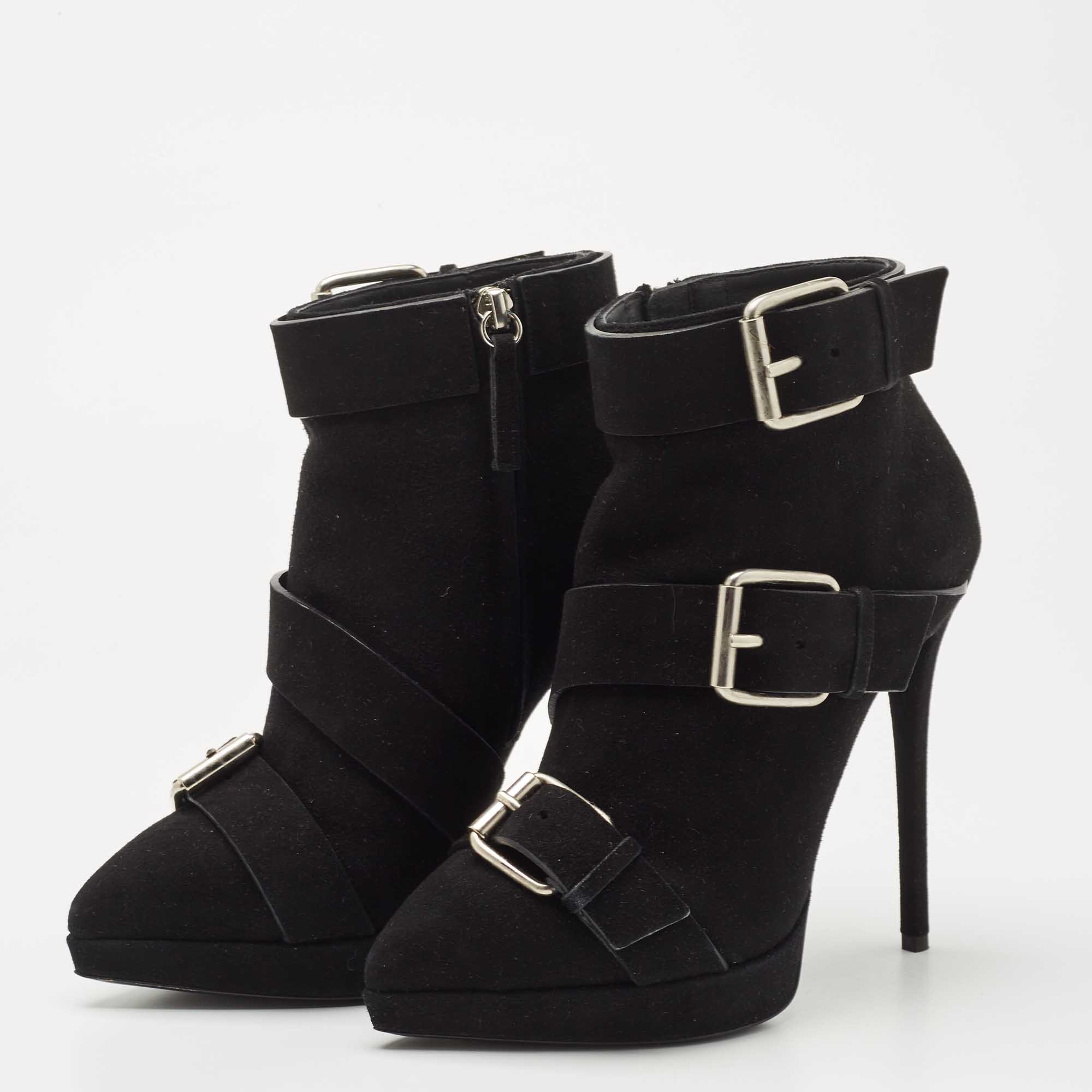 

Giuseppe Zanotti Black Suede Emy Buckle Detail Platform Ankle Boots Size