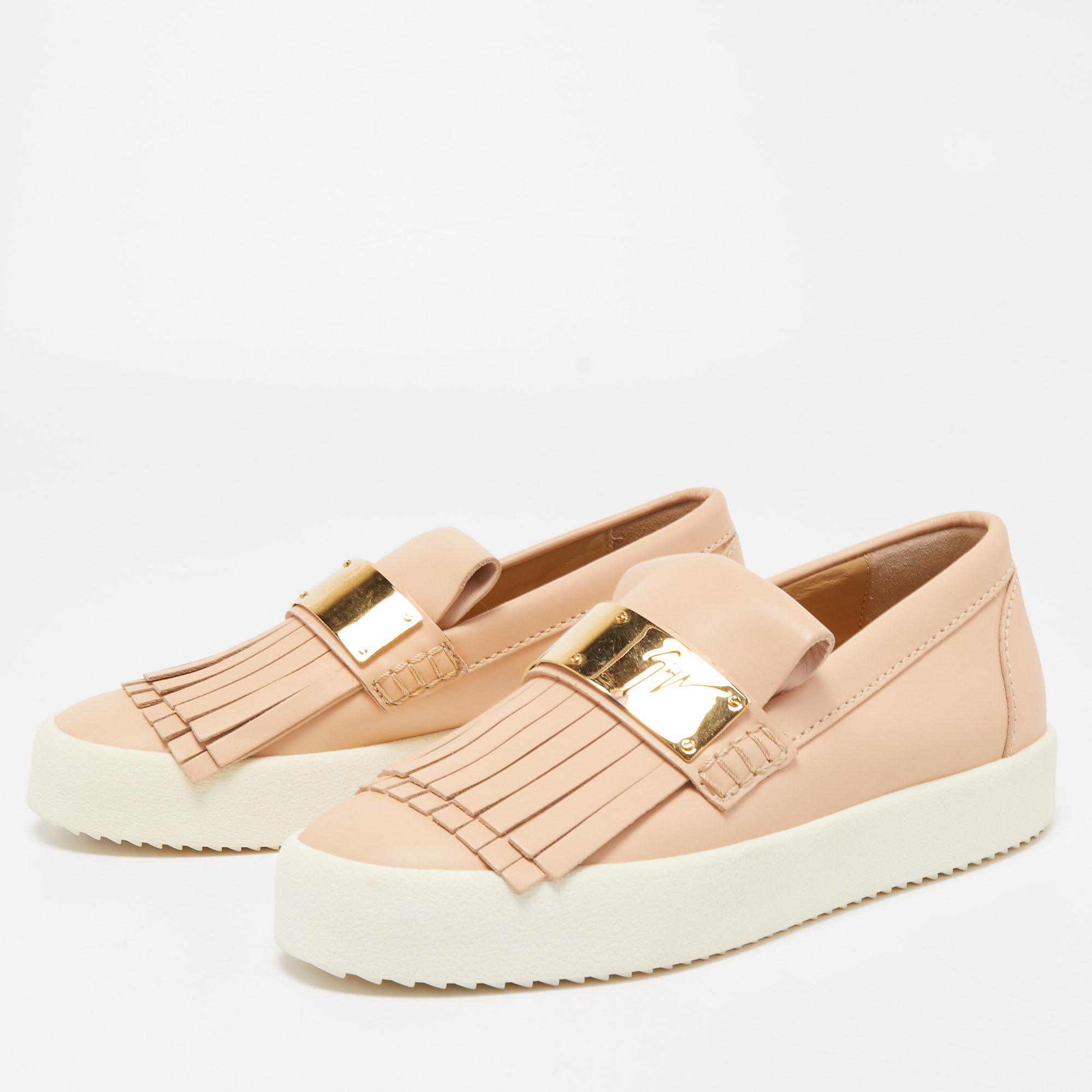 

Giuseppe Zanotti Beige Fringed Leather Slip On Sneakers Size