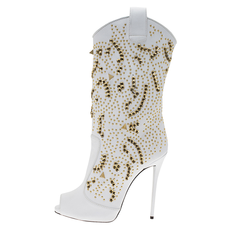

Giuseppe Zanotti White Studded Leather Coline Peep Toe Mid Calf Boots Size