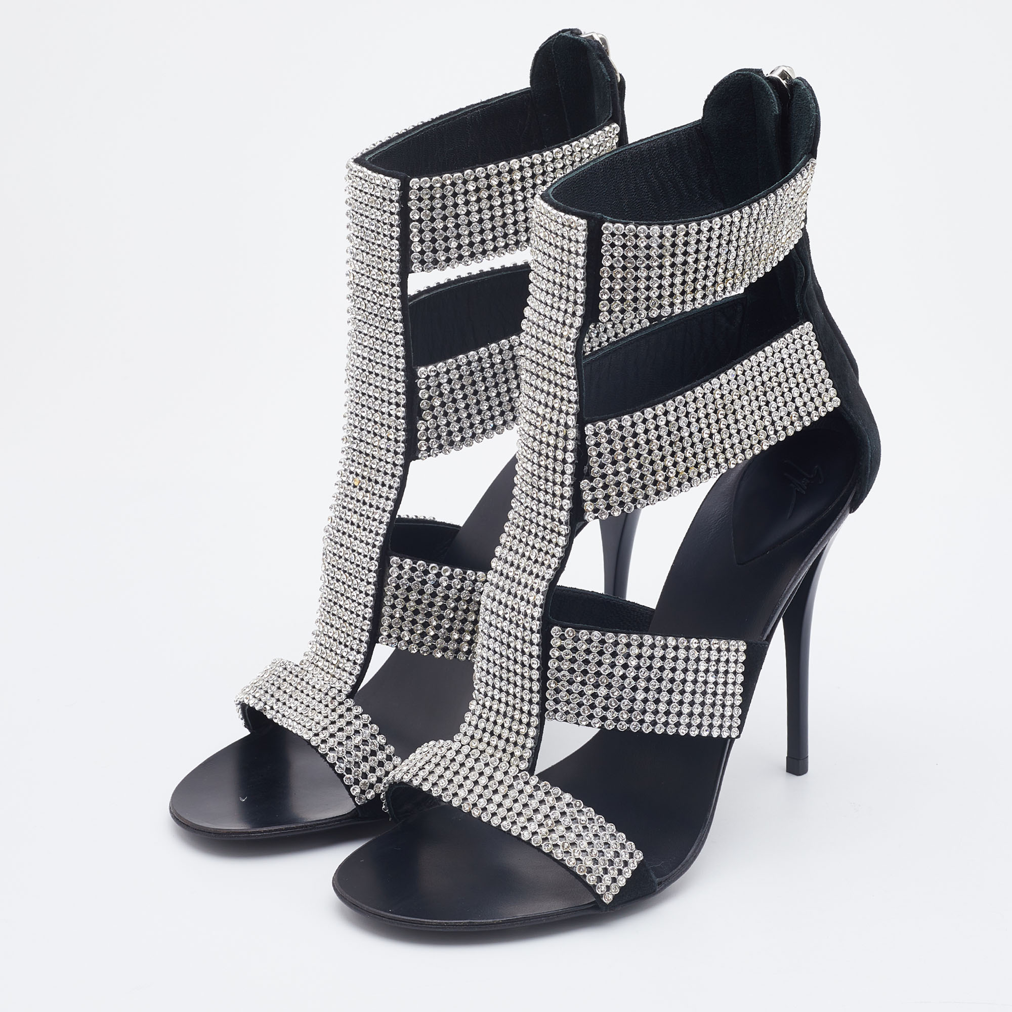 

Giuseppe Zanotti Black Suede Crystal Embellished Ankle Strap Sandals Size