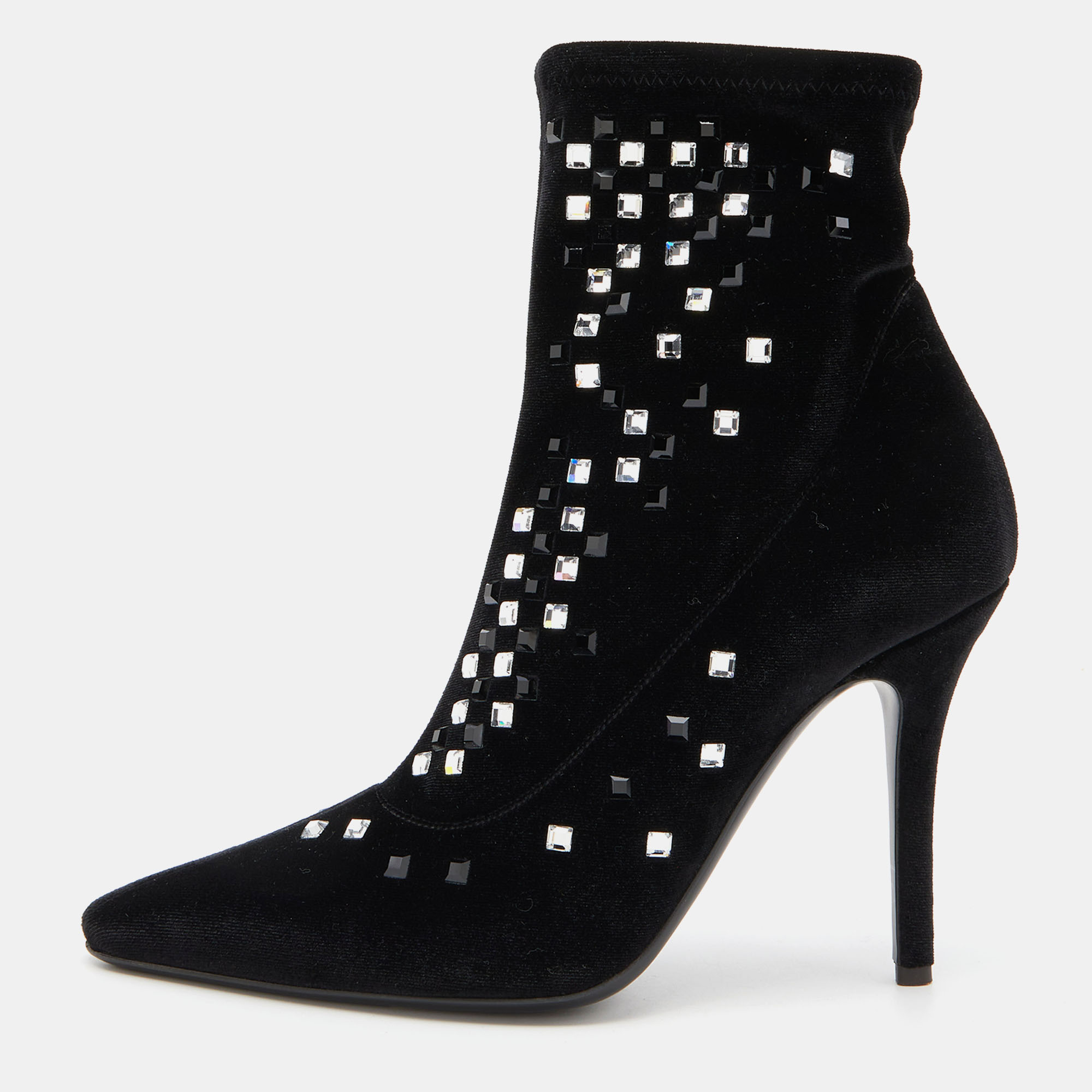 Pre-owned Giuseppe Zanotti Black Velvet Crystal Embellished Ankle Booties Size 38