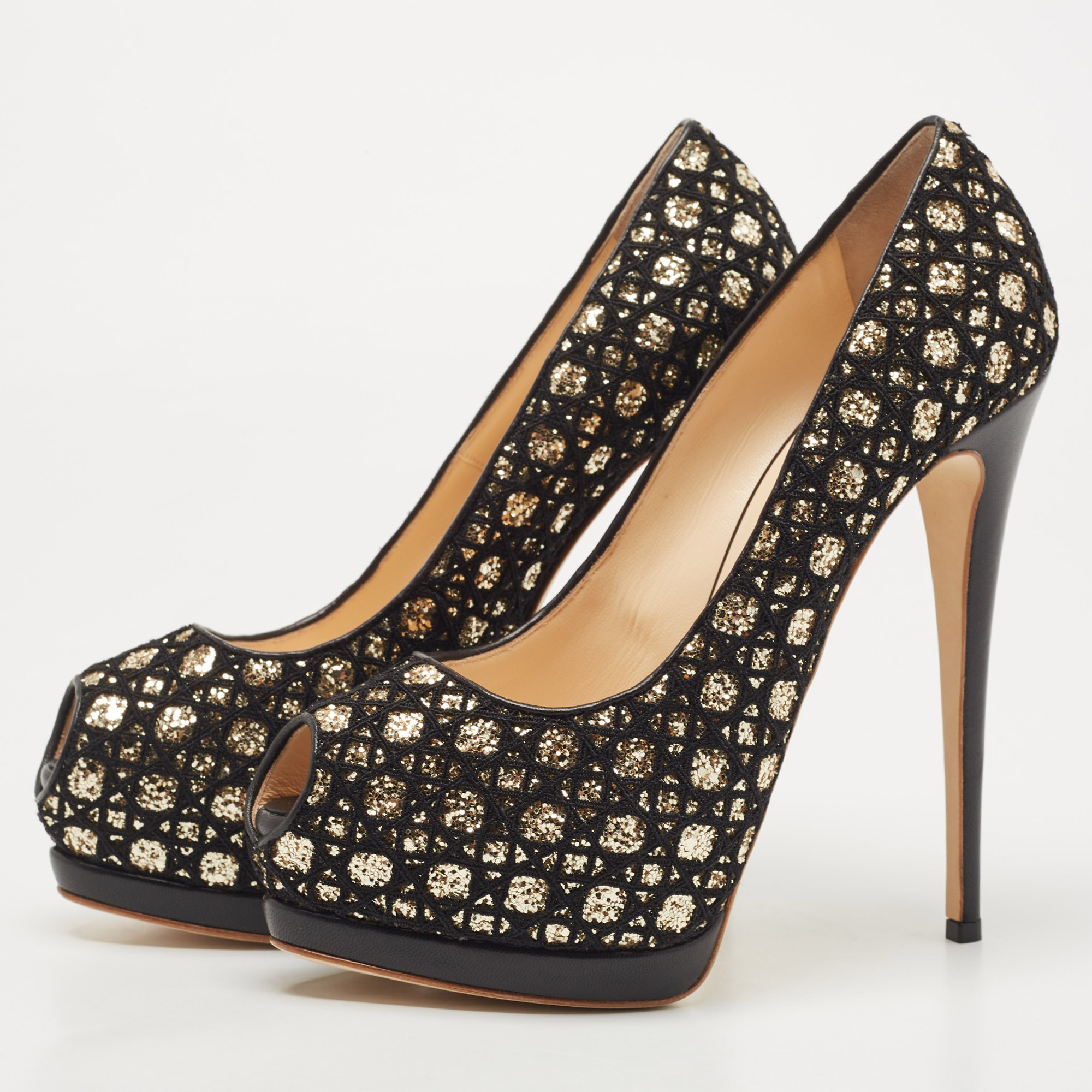 

Giuseppe Zanotti Black/Gold Glitter and Lace Sharon Peep Toe Pumps Size