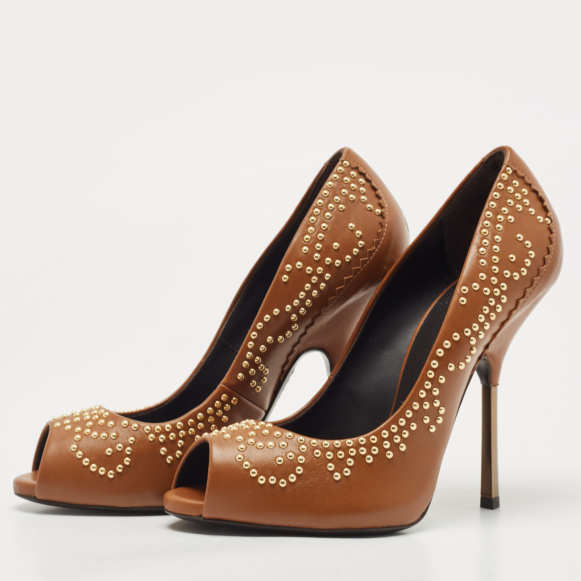 

Giuseppe Zanotti Brown Studded Leather Peep Toe Pumps Size