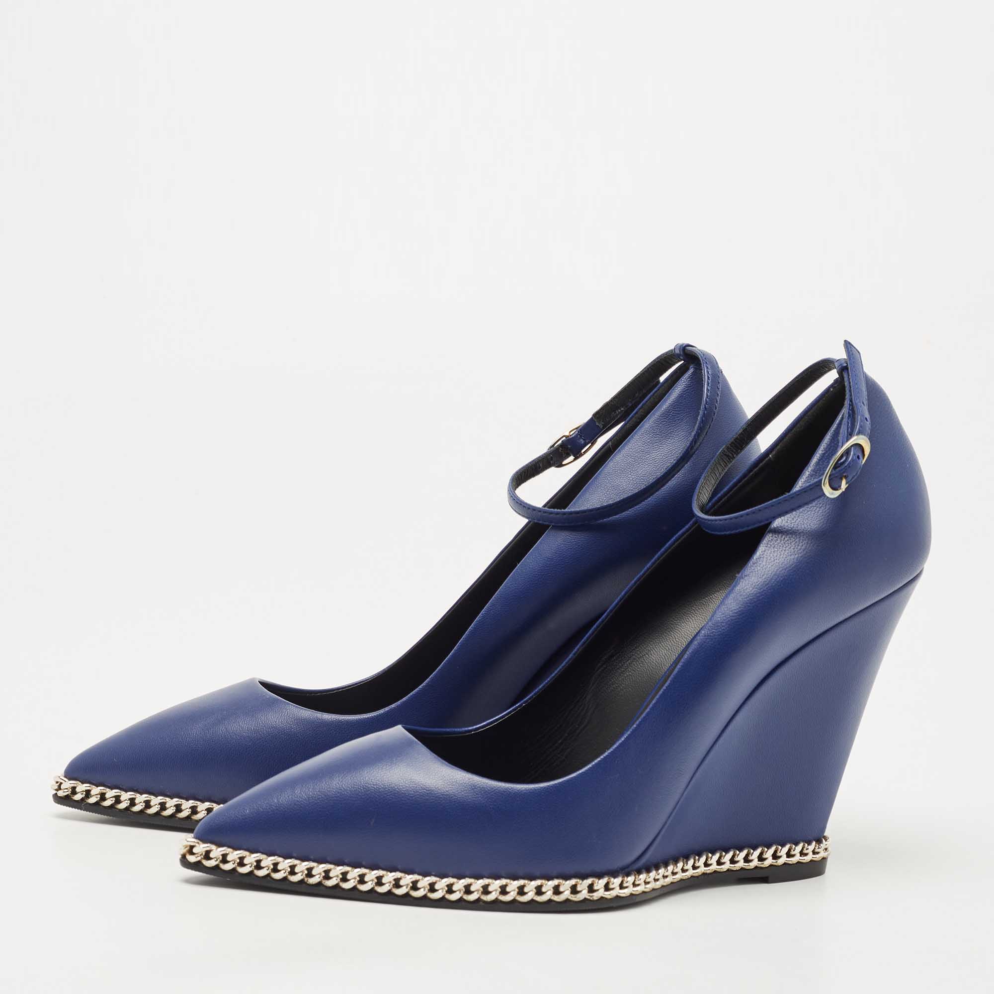 

Giuseppe Zanotti Blue Leather Ankle Strap Wedge Pumps Size
