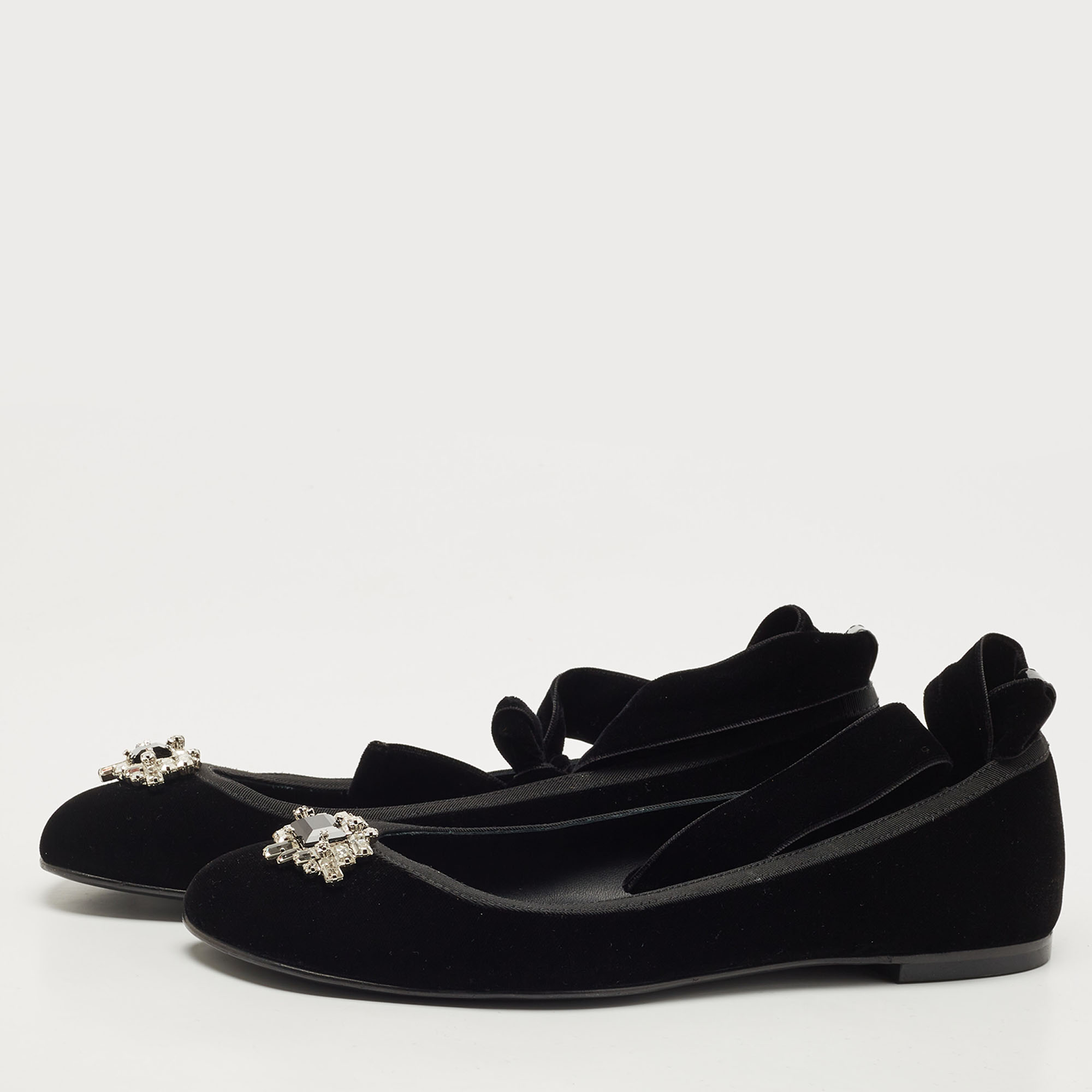 

Giuseppe Zanotti Black Velvet Giorgia Crystal Embellished Ankle Wrap Ballet Flats Size