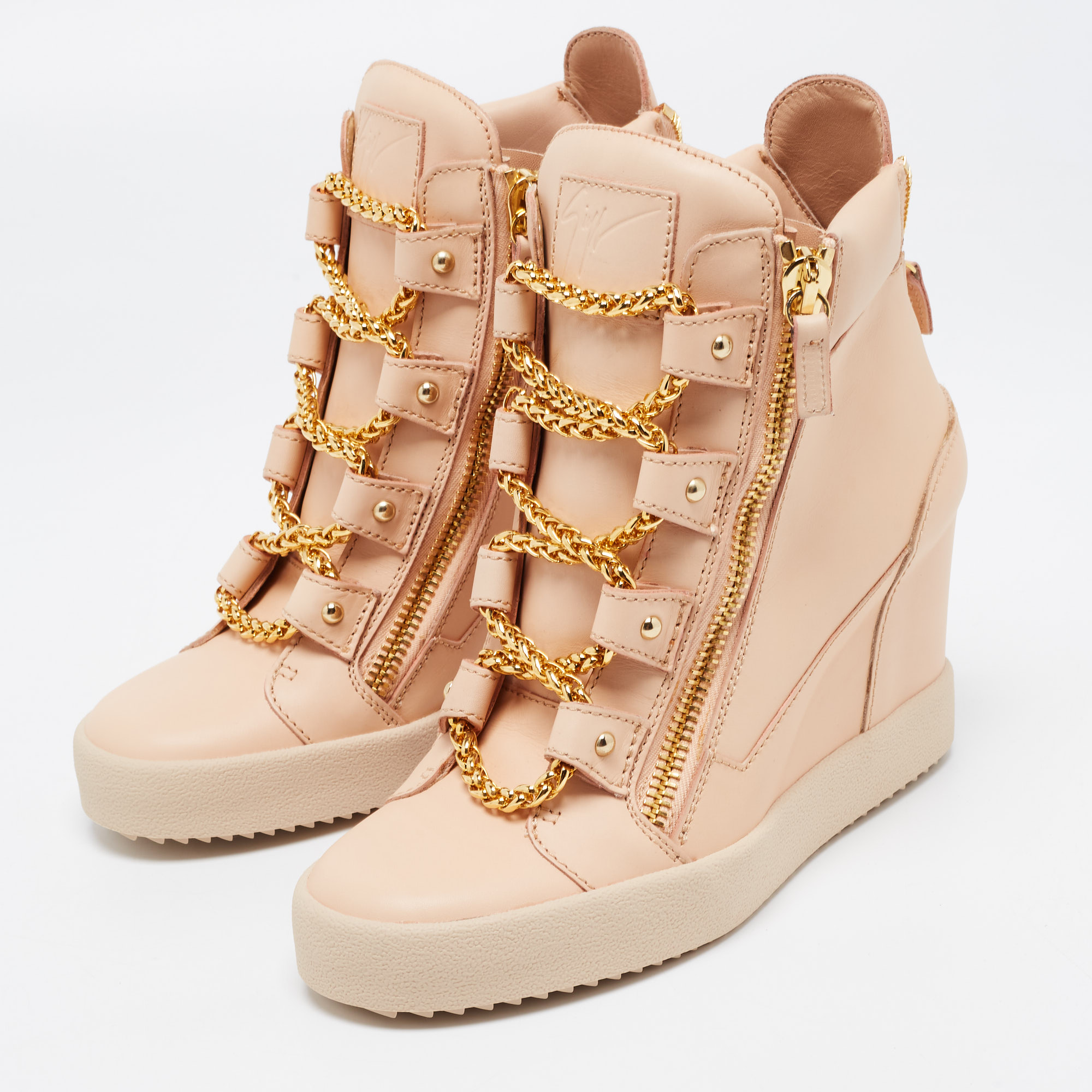 

Giuseppe Zanotti Beige Leather Chain Detail High Top Wedge Sneakers Size