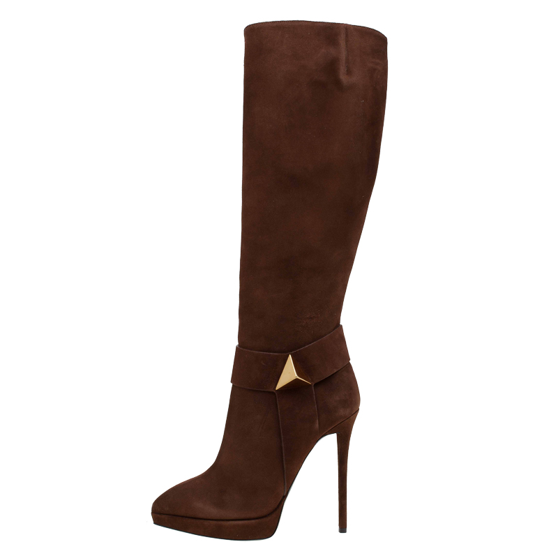 

Giuseppe Zanotti Brown Suede Pyramid Stud Platform Knee Boots Size