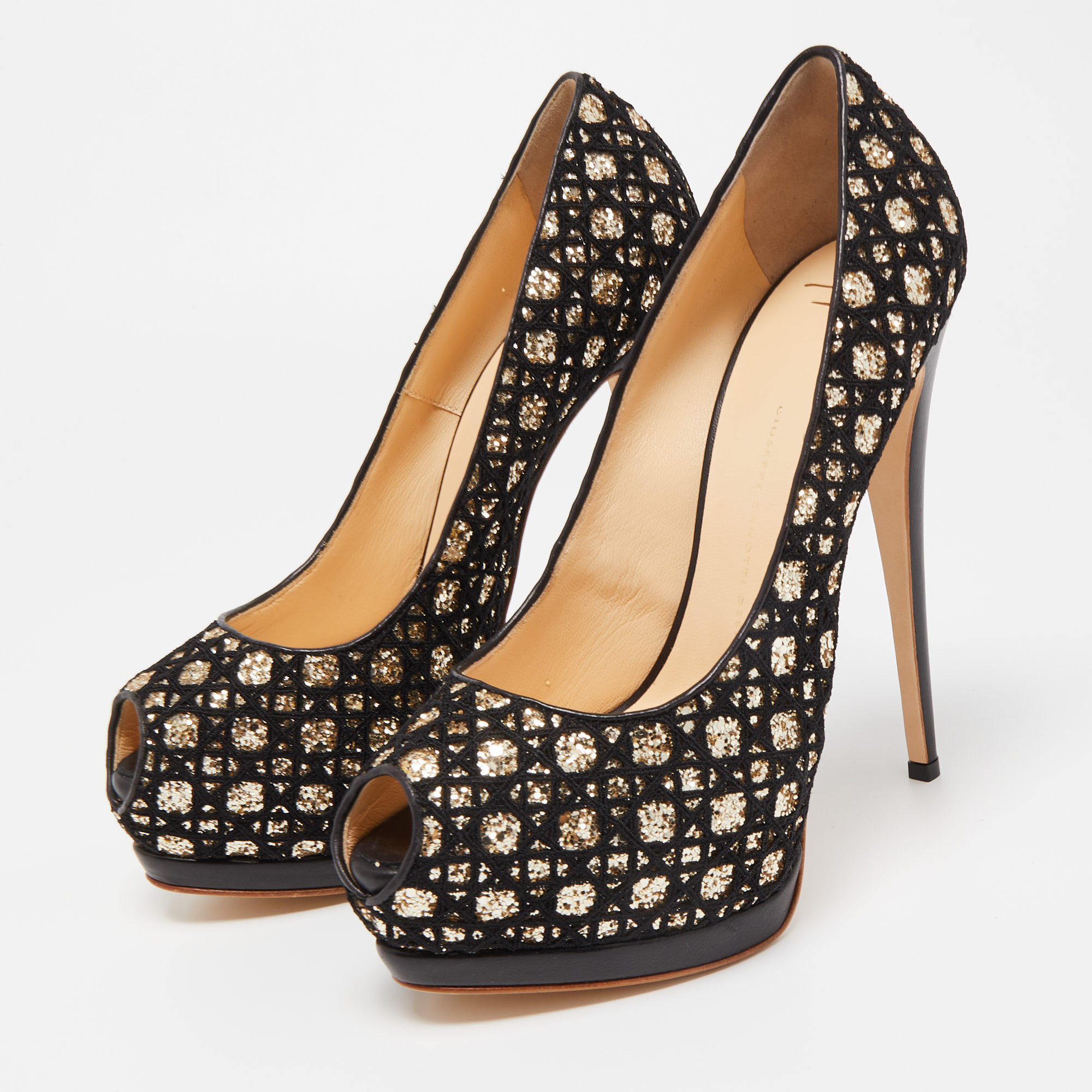 

Giuseppe Zanotti Black/Gold Mesh and Glitter Sharon Peep Toe Pumps Size