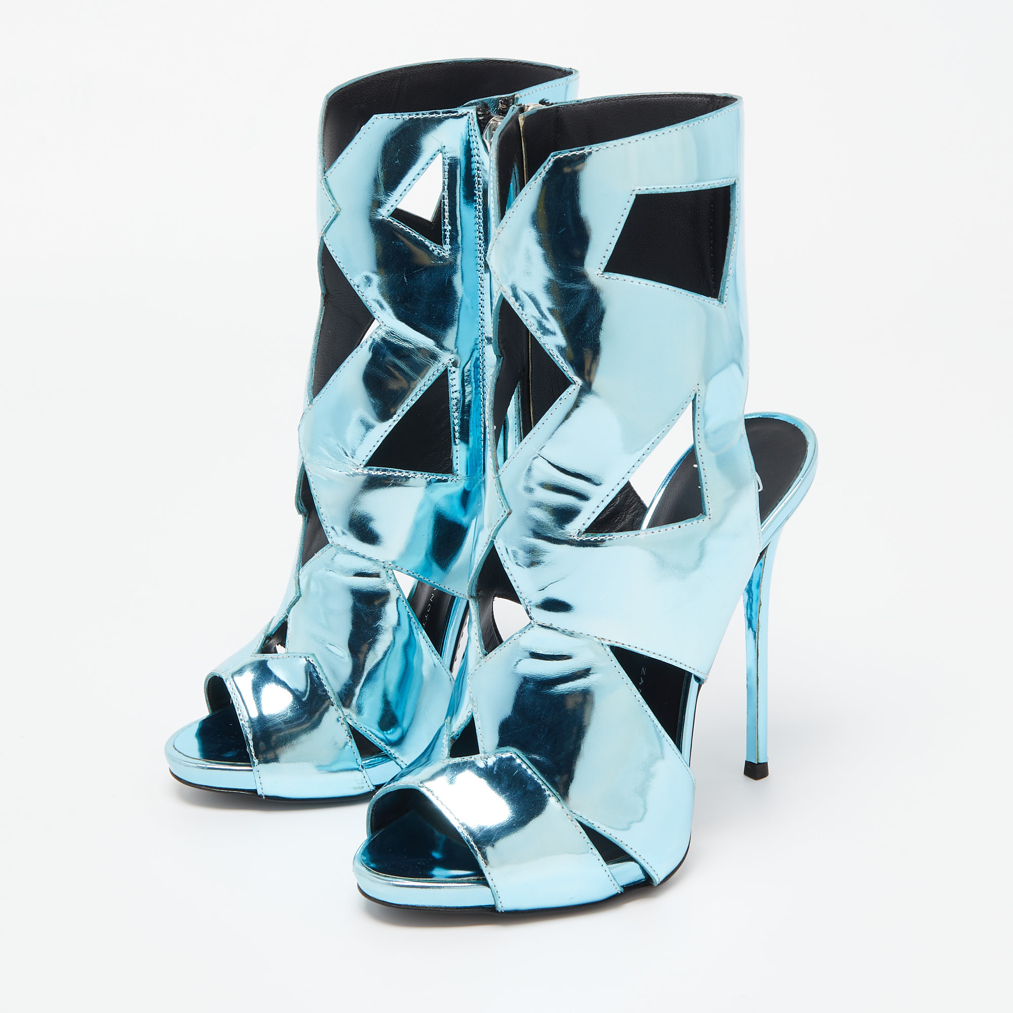 

Giuseppe Zanotti Metallic Blue Leather Cut-Out Coline Ankle Booties Size