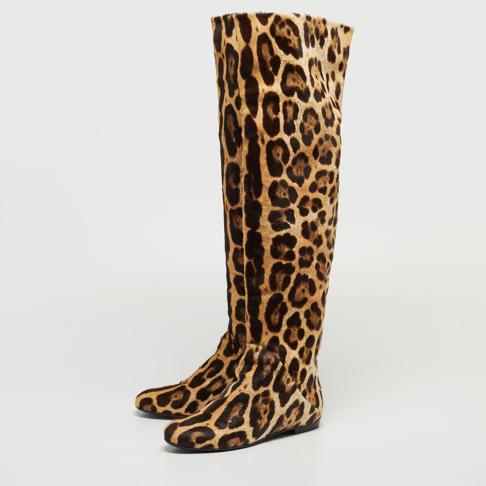 

Giuseppe Zanotti Brown/Beige Leopard Calf Hair Knee Length Boots Size
