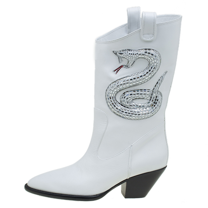 

Giuseppe Zanotti White Snake Embellished Leather Guns 55 Cowboy Boots Size