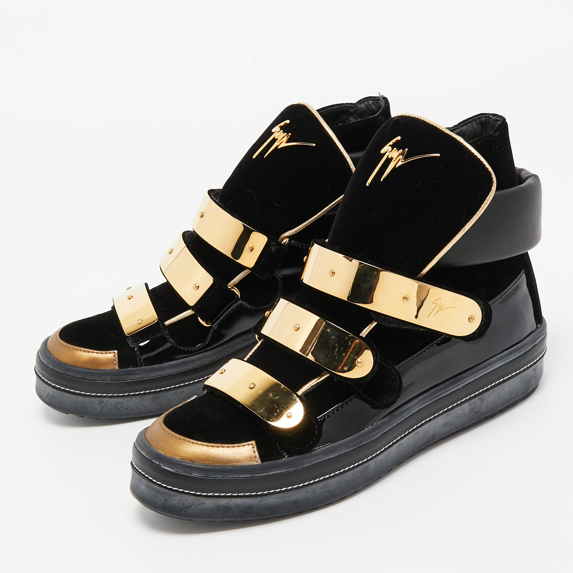 

Giuseppe Zanotti Black Velvet and Leather Metal Plate High Top Sneakers Size