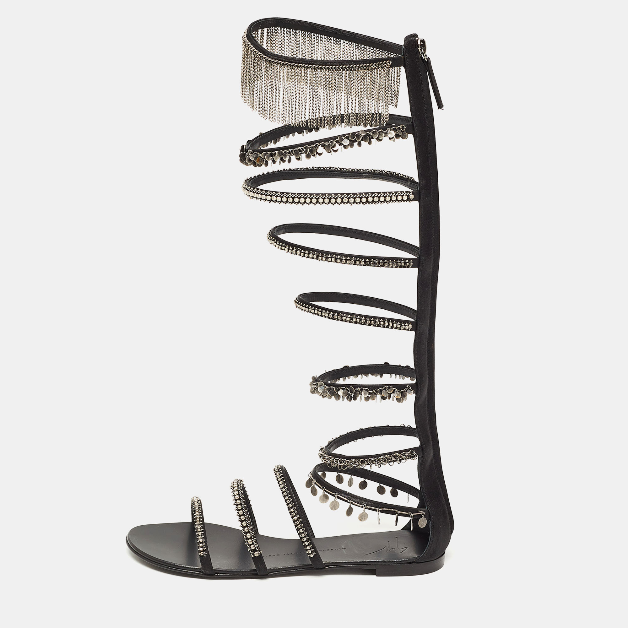 Pre-owned Giuseppe Zanotti Black Satin Embellished Gladiator Sandals Size 38