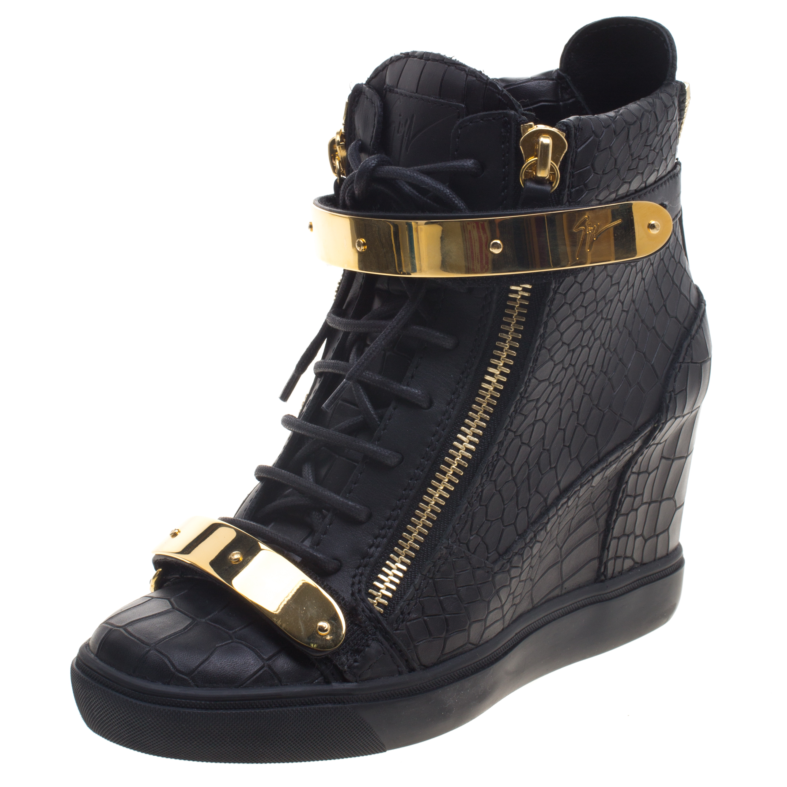 Giuseppe Zanotti Black Croc Embossed Leather Lorenz Wedge Sneakers Size 40