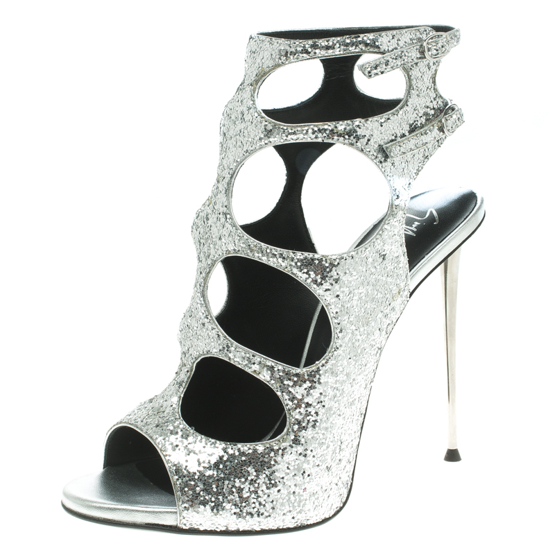Pre Owned Giuseppe Zanotti Silver Glitter Cutout Ankle Strap Sandals Size 37.5