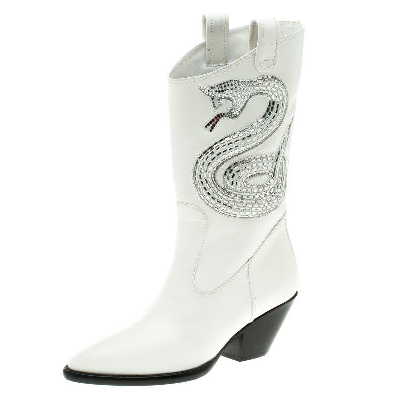 

Giuseppe Zanotti White Snake Embellished Leather Guns 55 Cowboy Boots Size