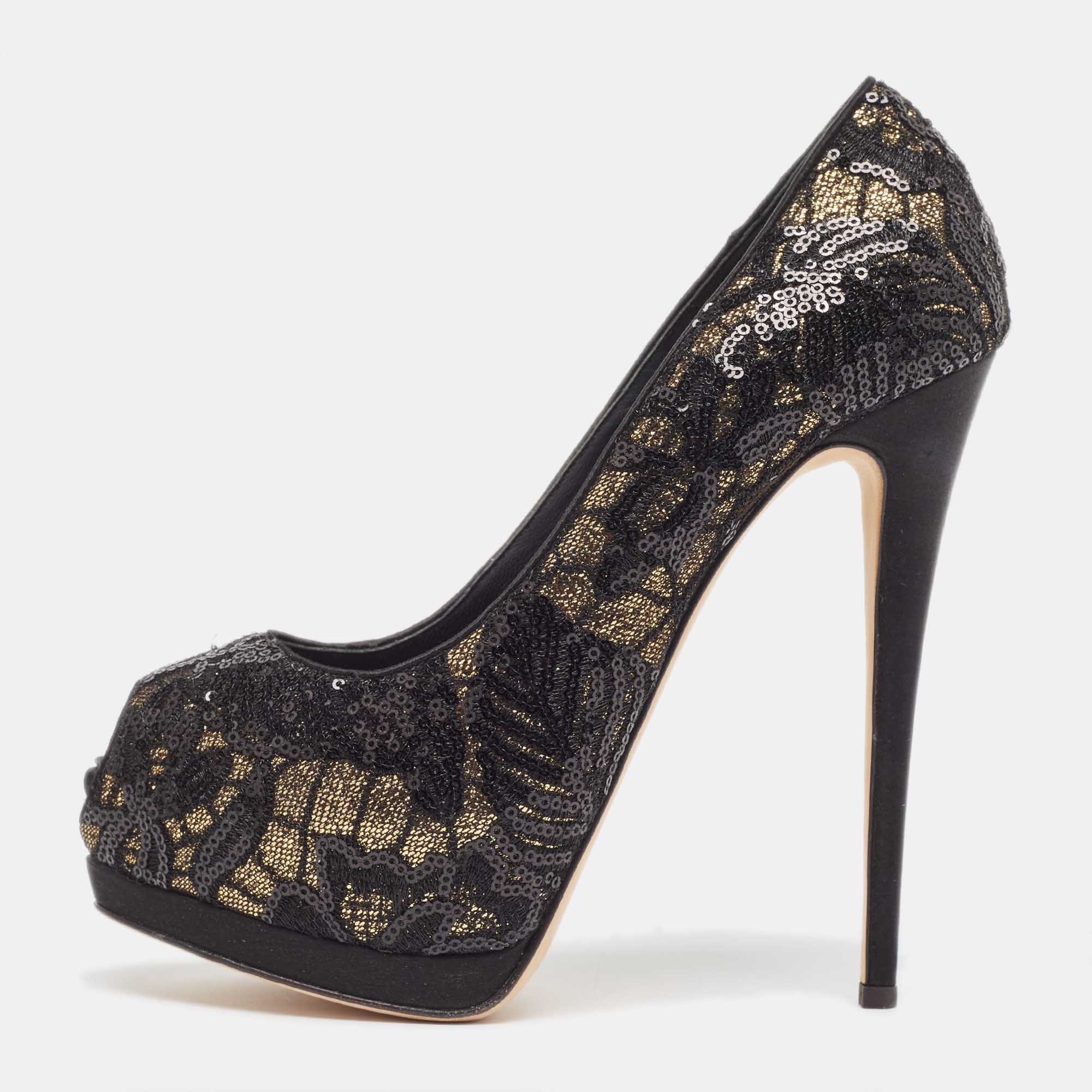 

Giuseppe Zanotti Black/Gold Sequins Embellished Lace Sharon Peep Toe Platform Pumps Size