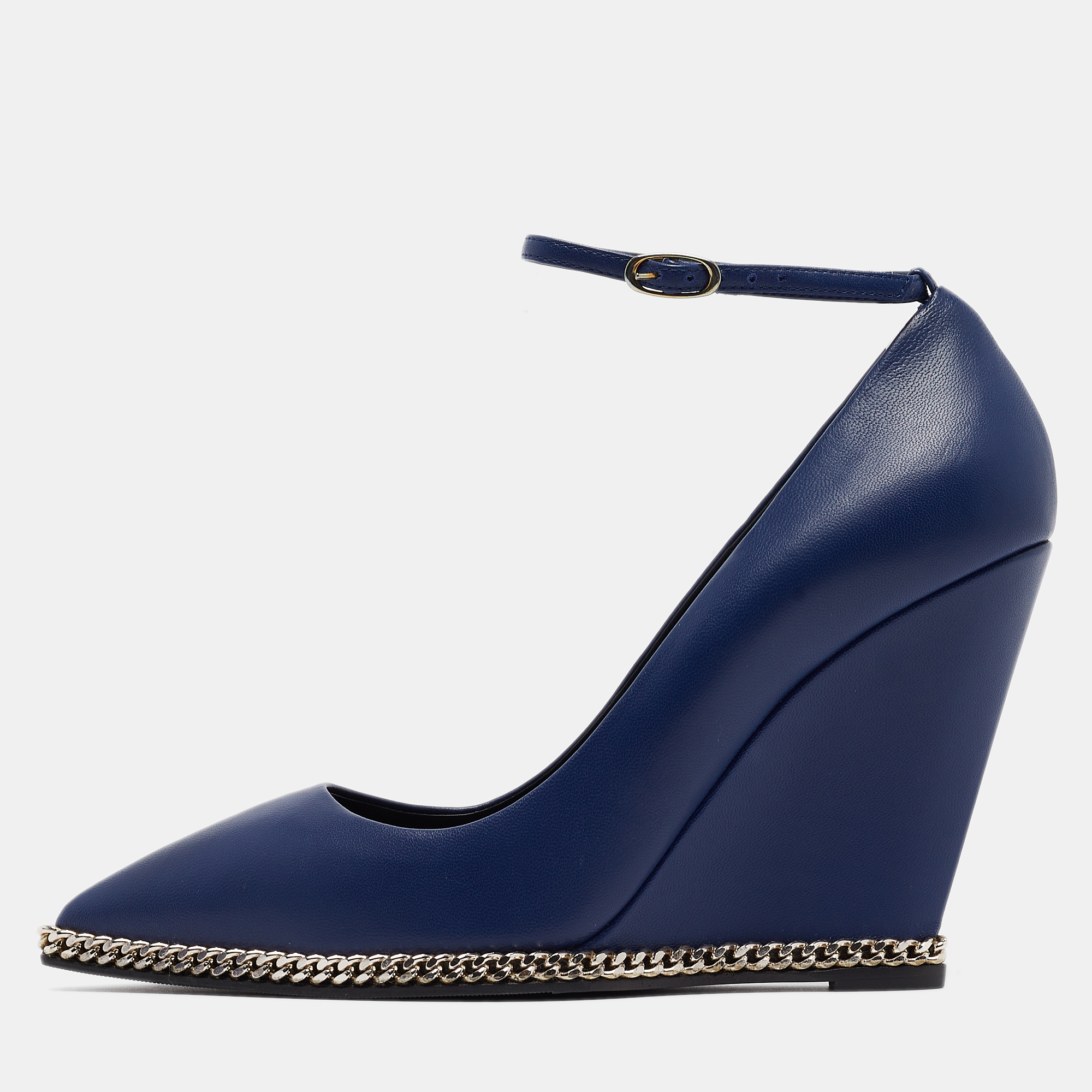 Blue Leather Chain Wedge Pumps