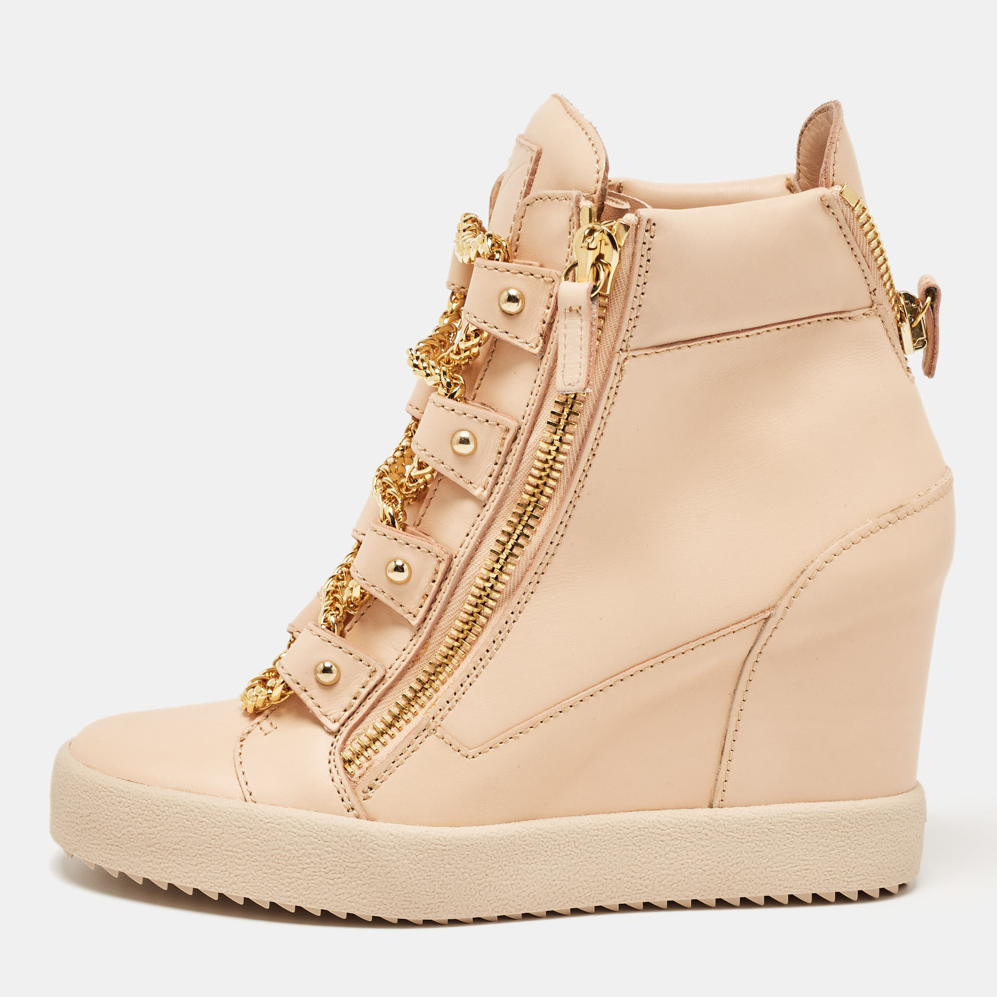 

Giuseppe Zanotti Beige Leather Chain Detail High Top Wedge Sneakers Size