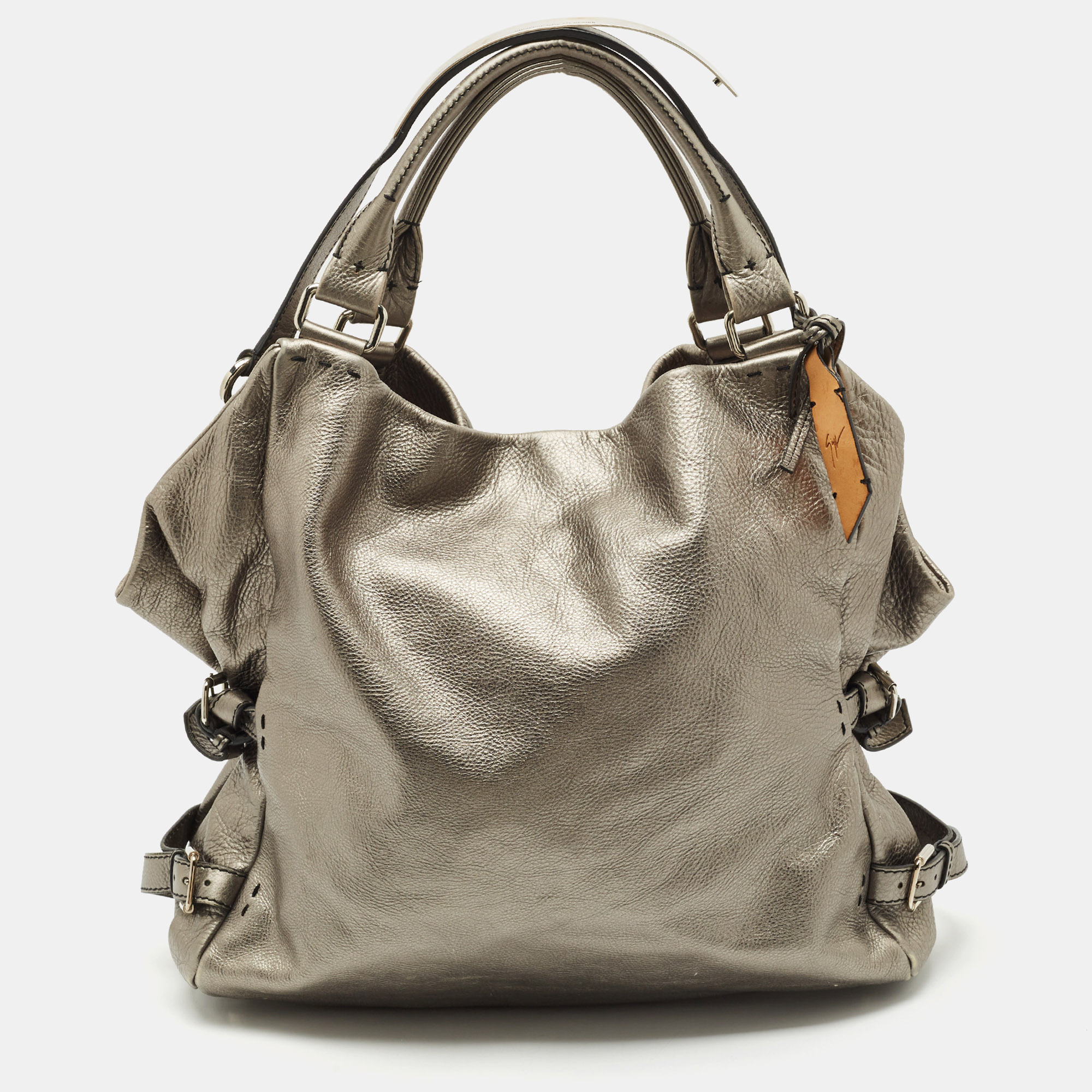 Pre-owned Giuseppe Zanotti Metallic Grey Leather Metal Handle Hobo In Gray