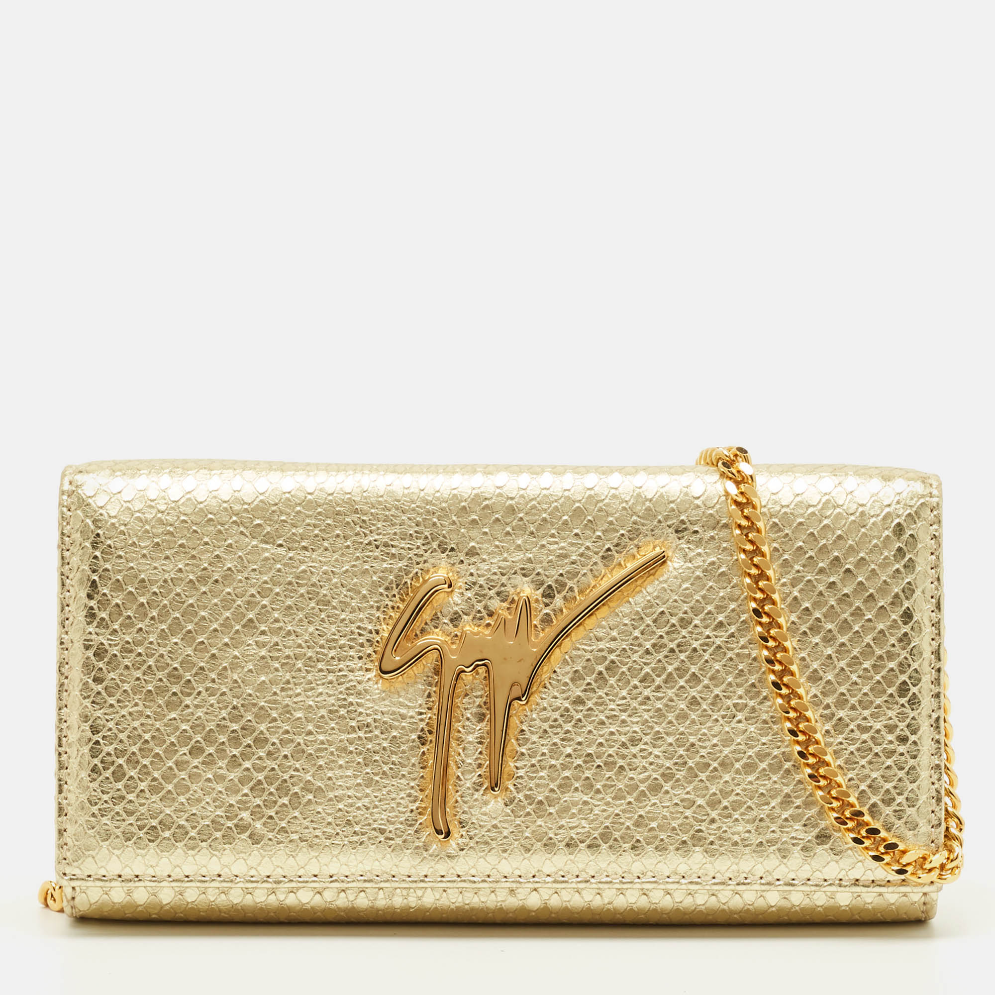 

Giuseppe Zanotti Logo Flap Gold Snakeskin Embossed Leather Chain Clutch