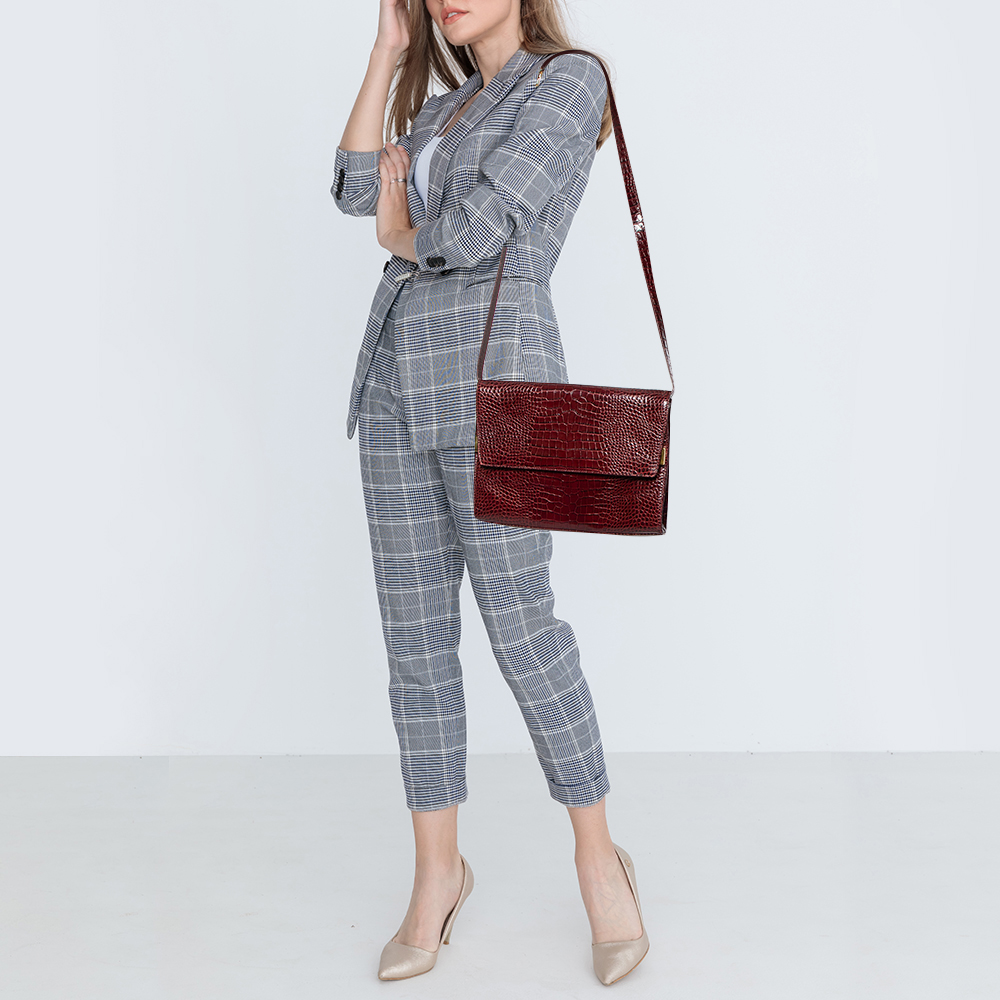 

Giuseppe Zanotti Burgundy Croc Embossed Leather Shoulder Bag