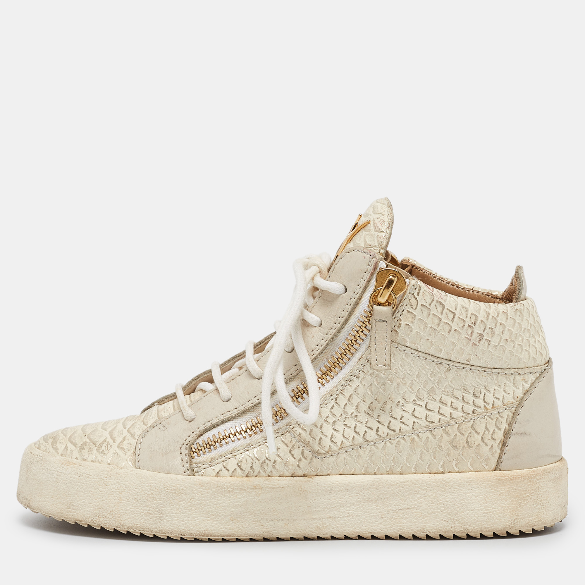

Giuseppe Zanotti Cream Python Embossed Leather Double Zip High Top Sneakers Size