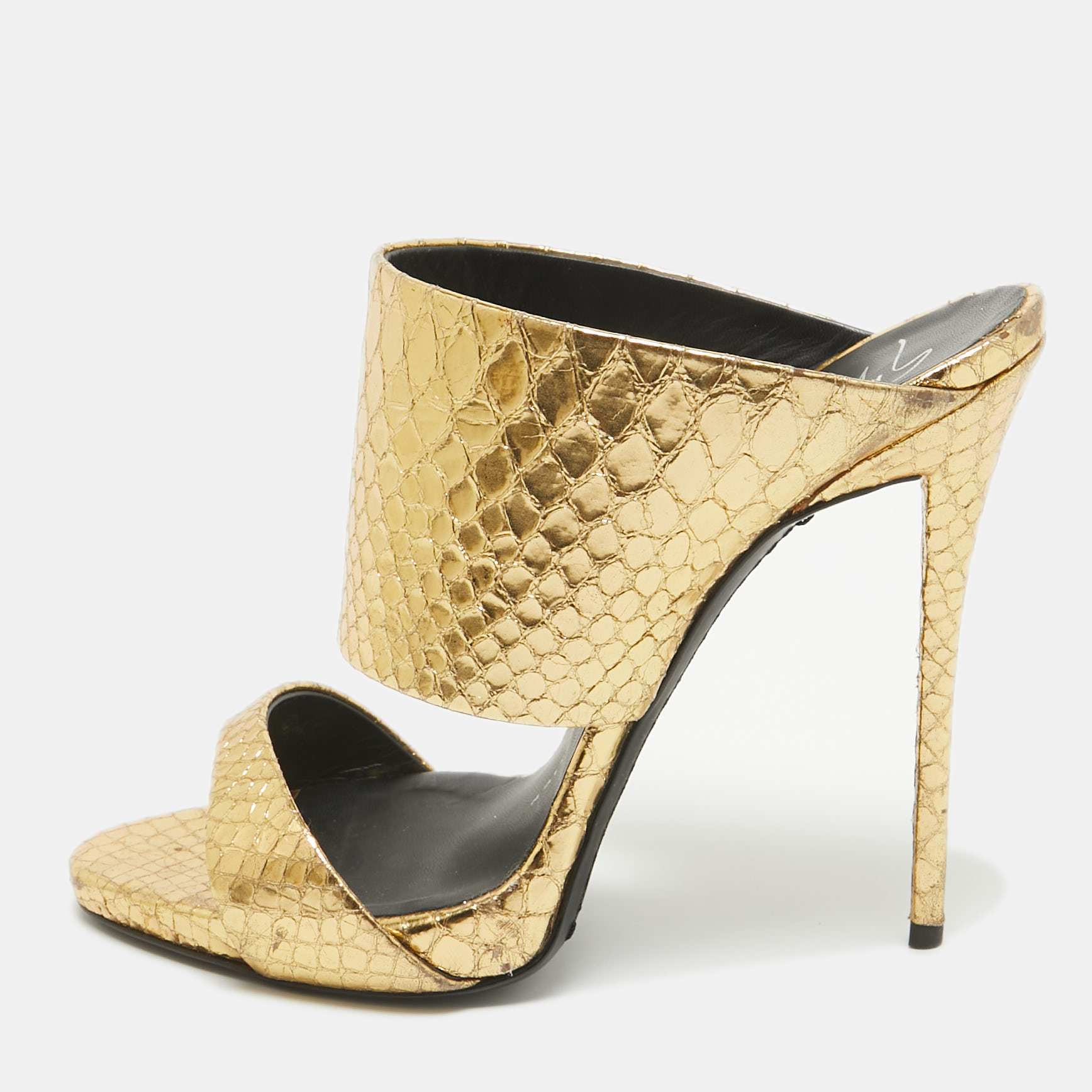 

Giuseppe Zanotti Gold Embossed Python Andrea Slide Sandals Size