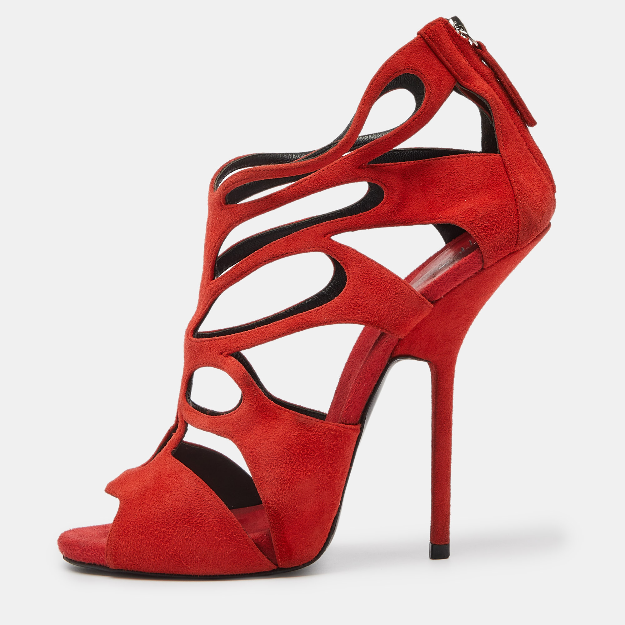 

Giuseppe Zanotti Red Suede Butterfly Cutout Sandals Size