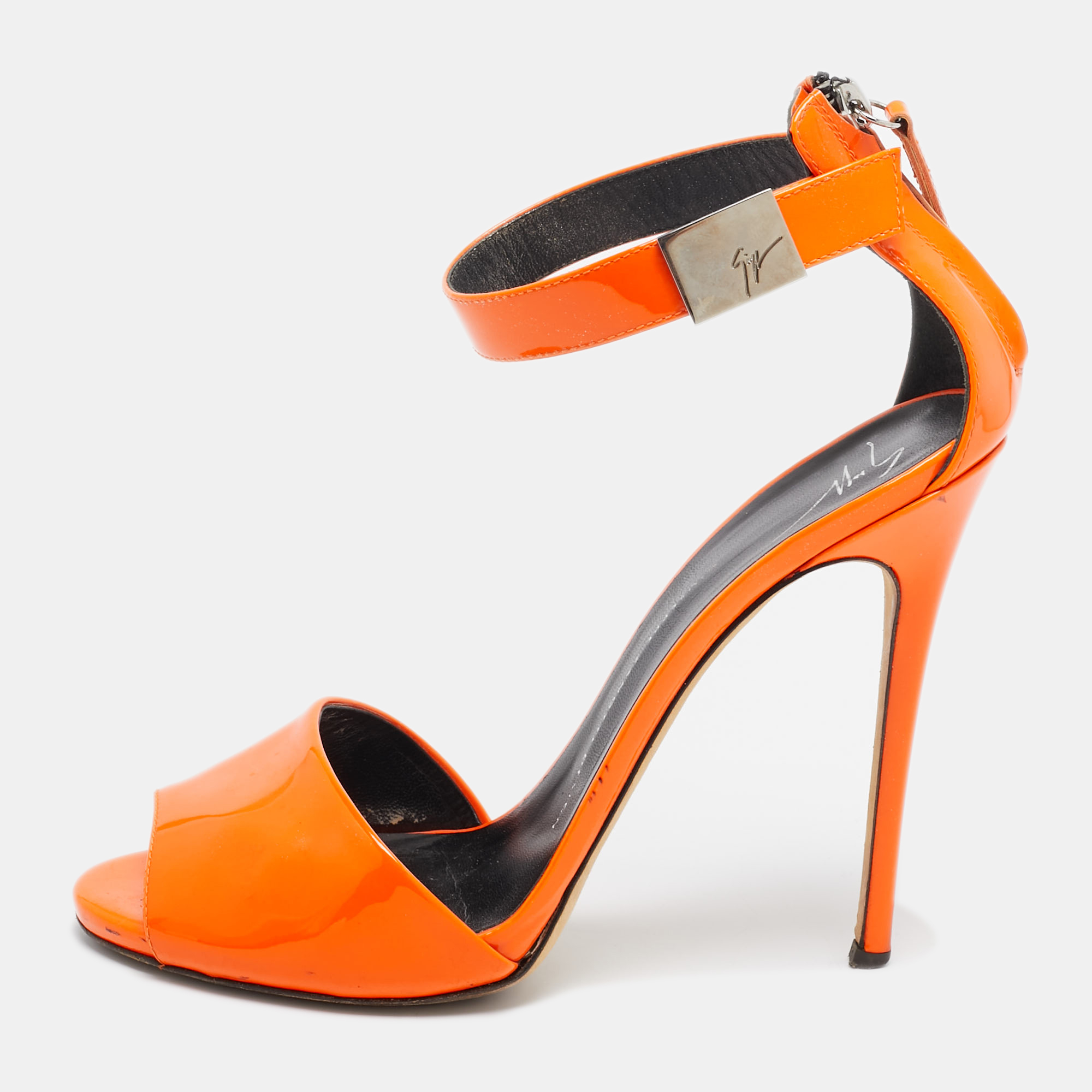 

Giuseppe Zanotti Orange Patent Leather Ankle Strap Sandals Size