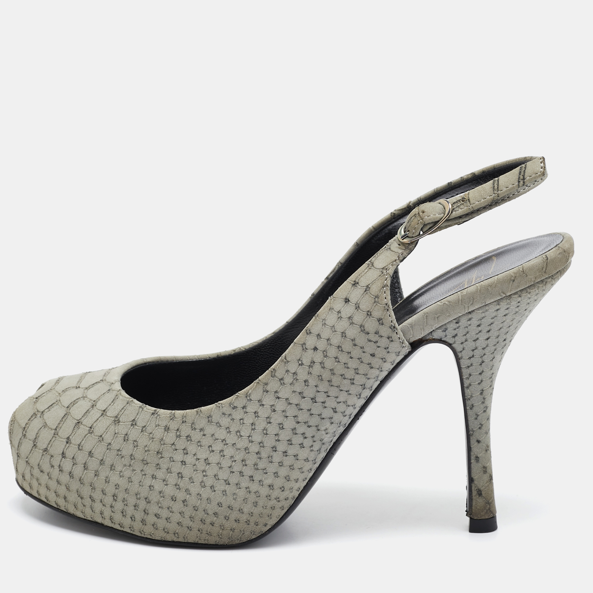 

Giuseppe Zanotti Grey Embossed Python Peep Toe Platform Slingback Pumps Size