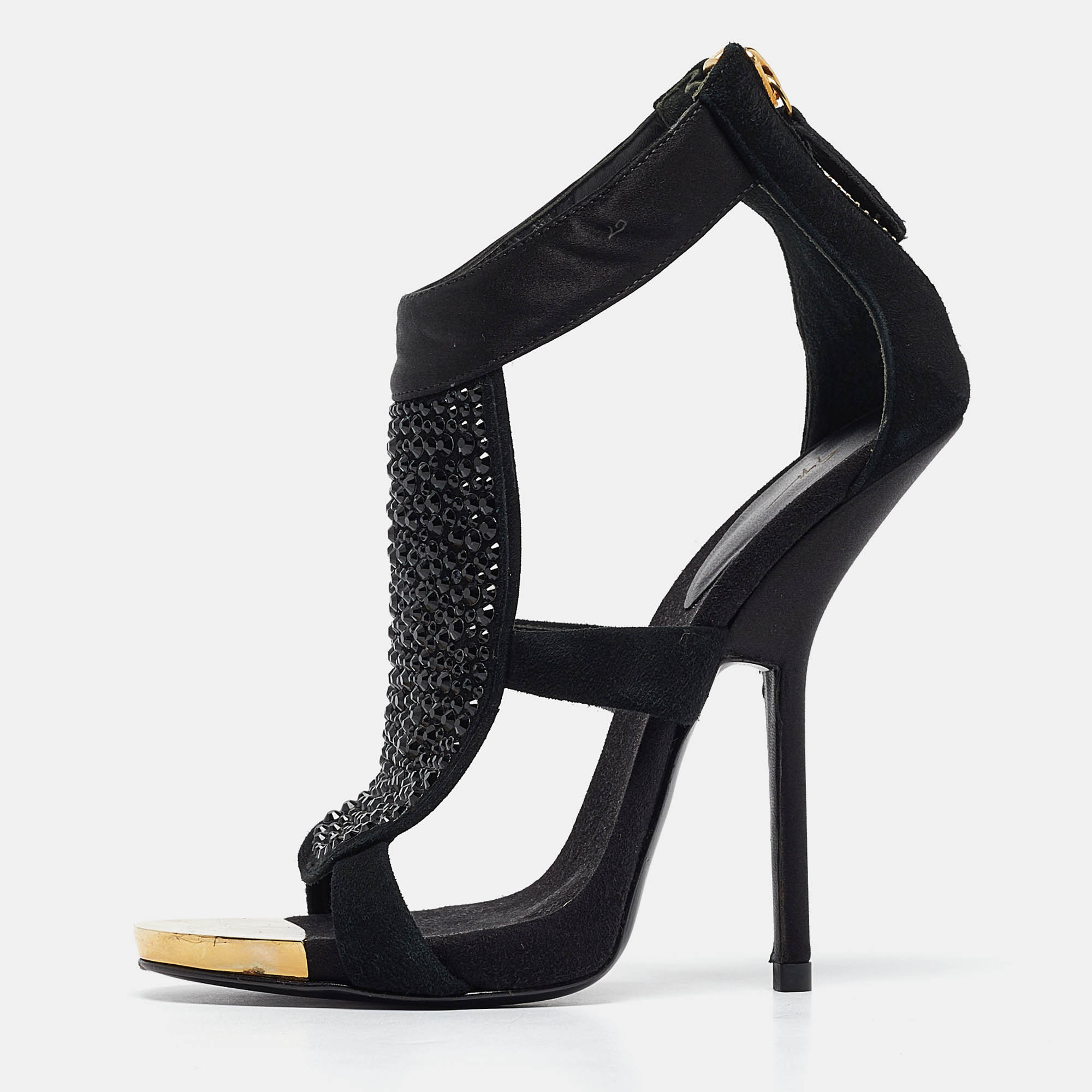 Pre-owned Giuseppe Zanotti Black Satin And Suede Crystal Embellished Ankle Strap Sandals Size 36.5