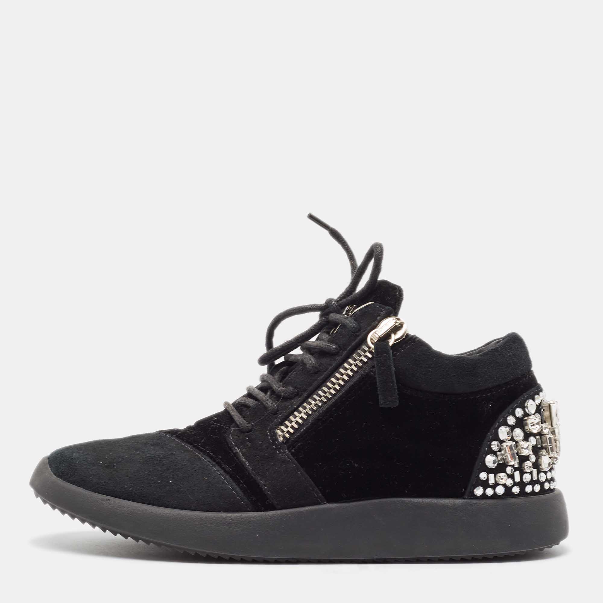 

Giuseppe Zanotti Black Suede and Velvet Crystal Embellished Double Zip Low Top Sneakers Size