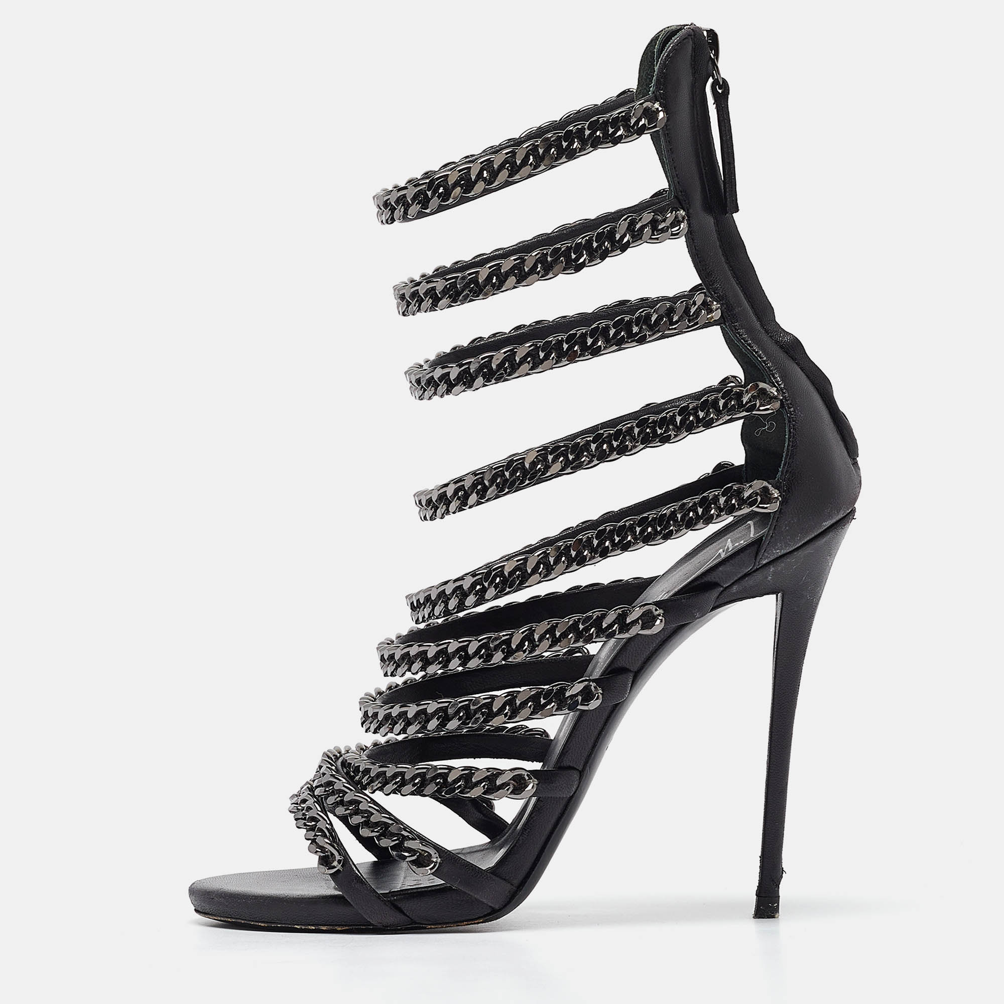

Giuseppe Zanotti Black Leather and Chain Strappy Sandals Size