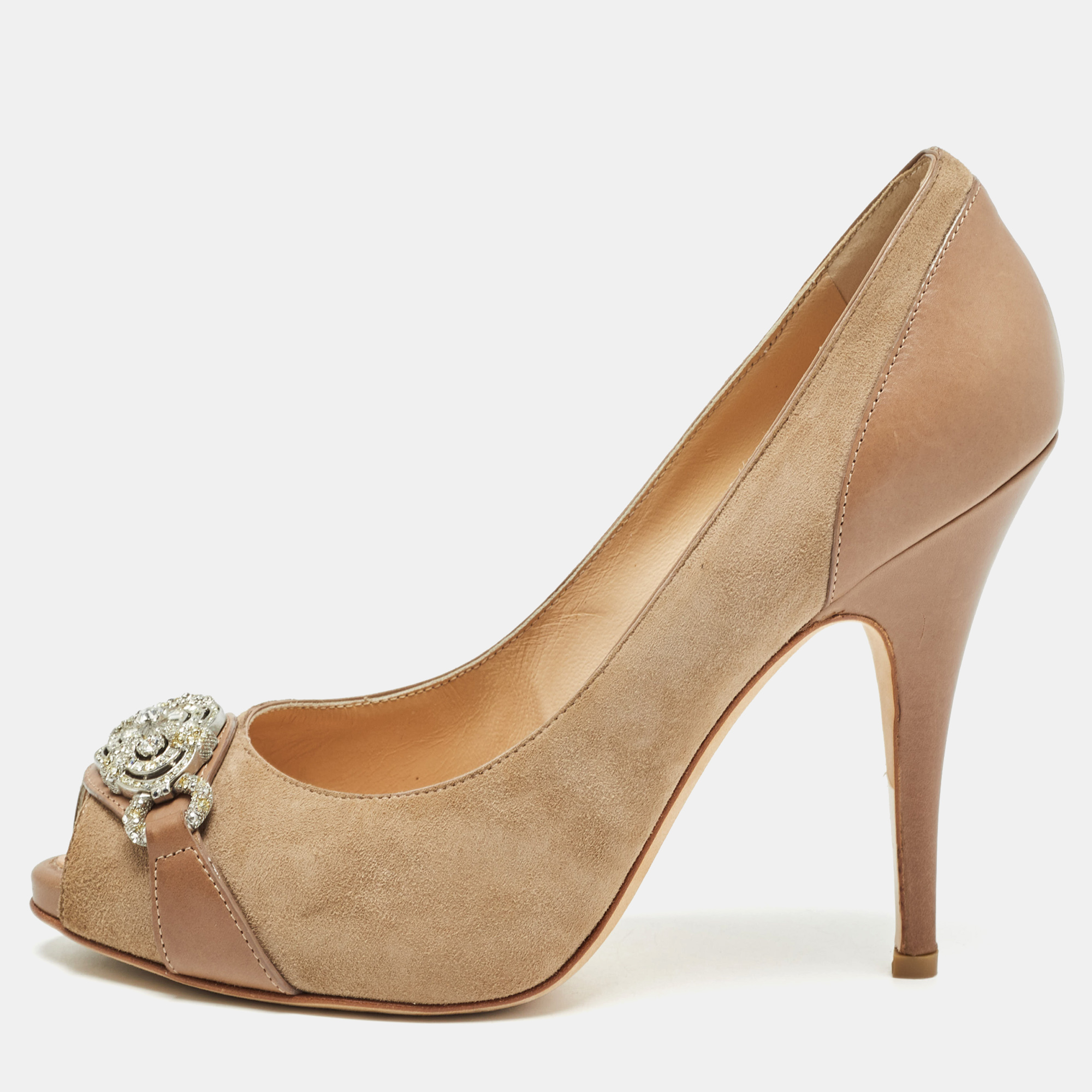 

Giuseppe Zanotti Beige/Brown Leather and Suede Peep Toe Pumps Size