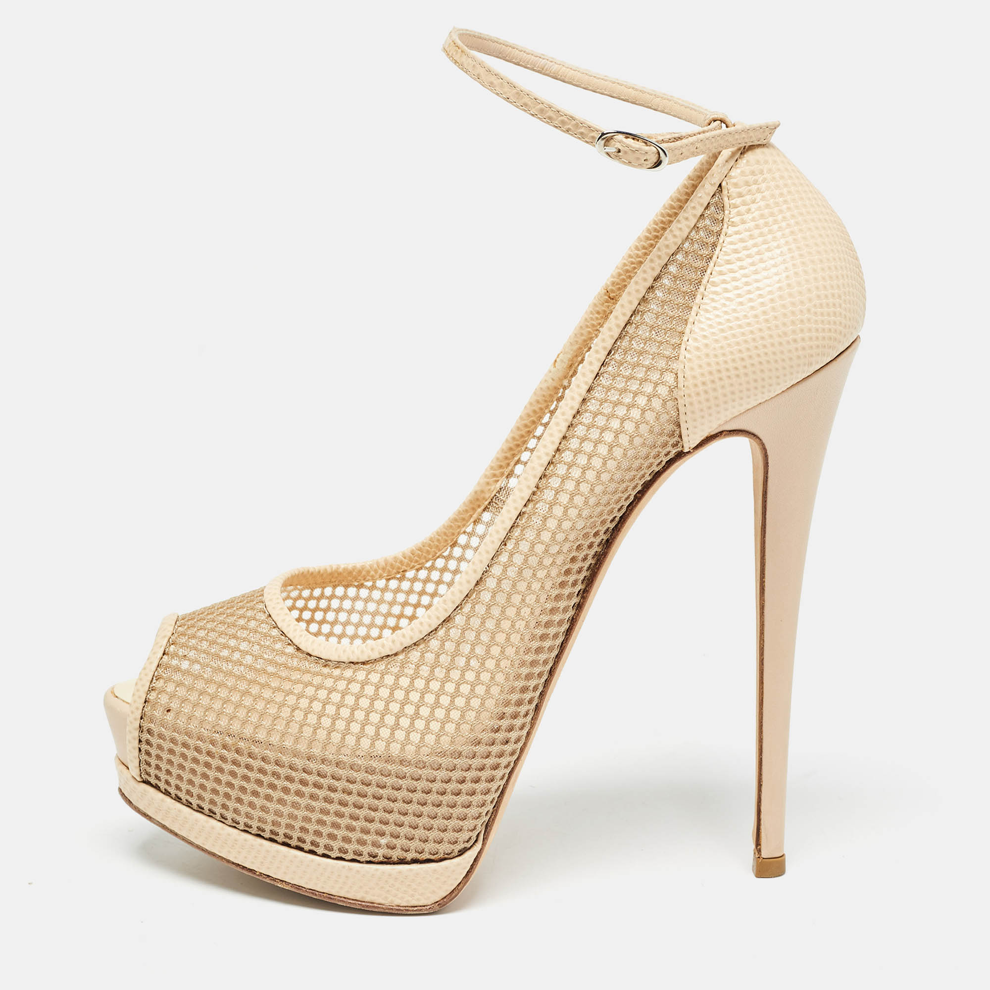 Pre-owned Giuseppe Zanotti Beige Mesh And Lizard Embossed Leather Peep Toe Pumps Size 40.5