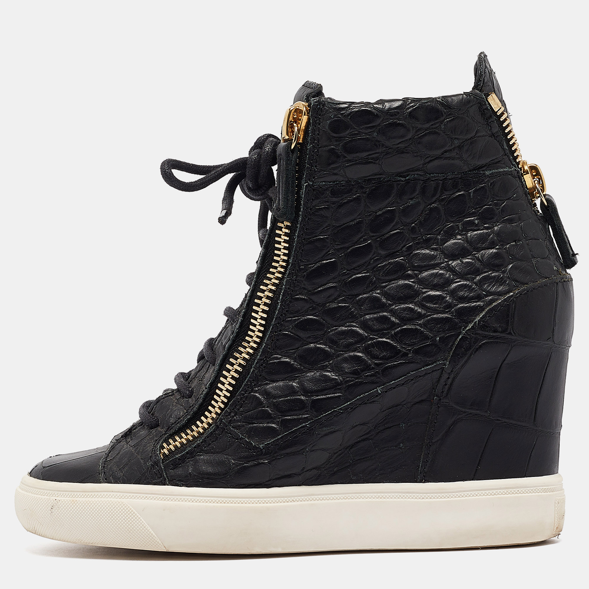 

Giuseppe Zanotti Black Croc Embossed Leather Double Zipper High Top Sneakers Size