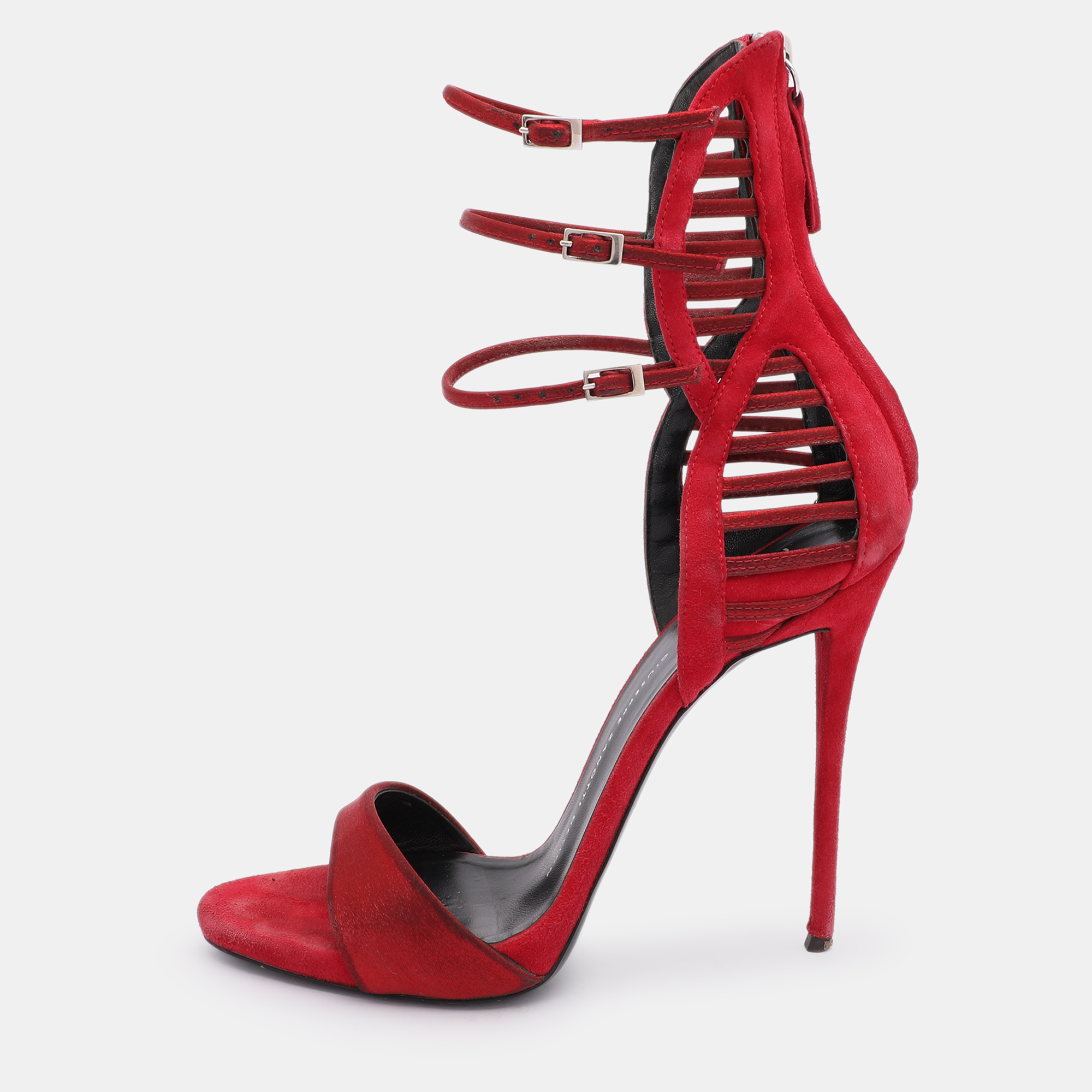 Pre-owned Giuseppe Zanotti Red Suede And Satin Caged Sandals Size 38