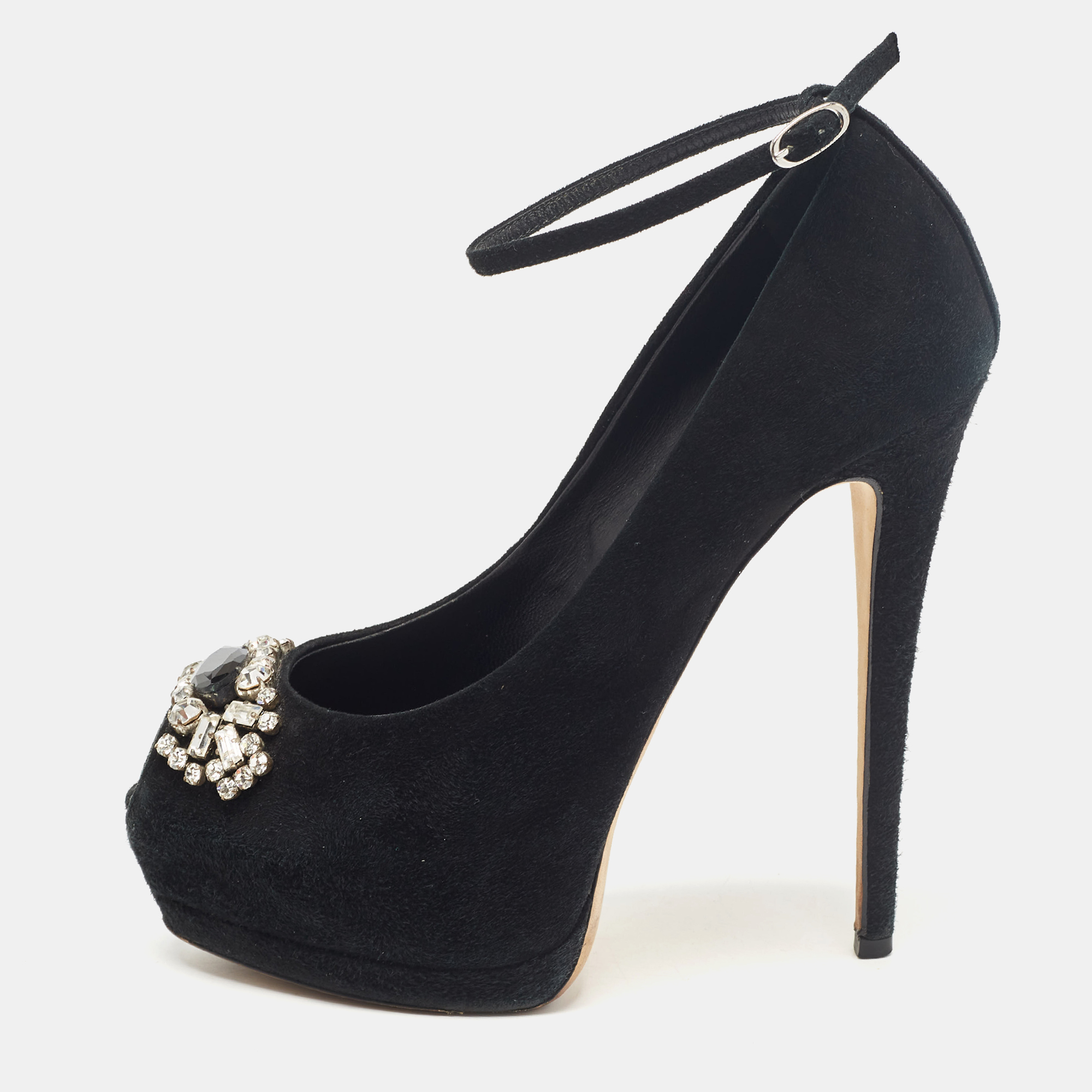 Pre-owned Giuseppe Zanotti Black Suede Crystal Embellished Peep Toe Pumps Size 37