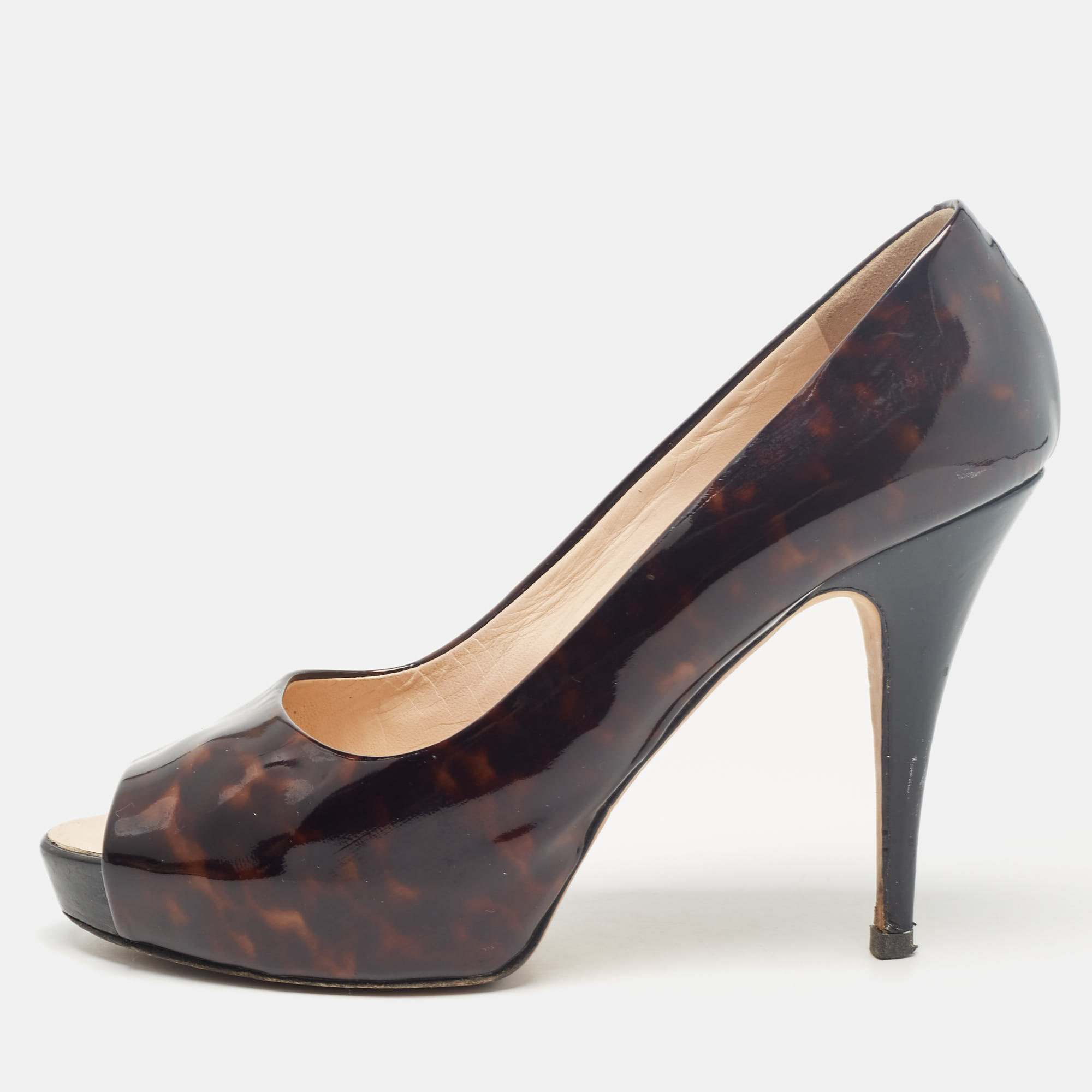 

Giuseppe Zanotti Brown/Black Printed Patent Leather Peep Toe Pumps Size