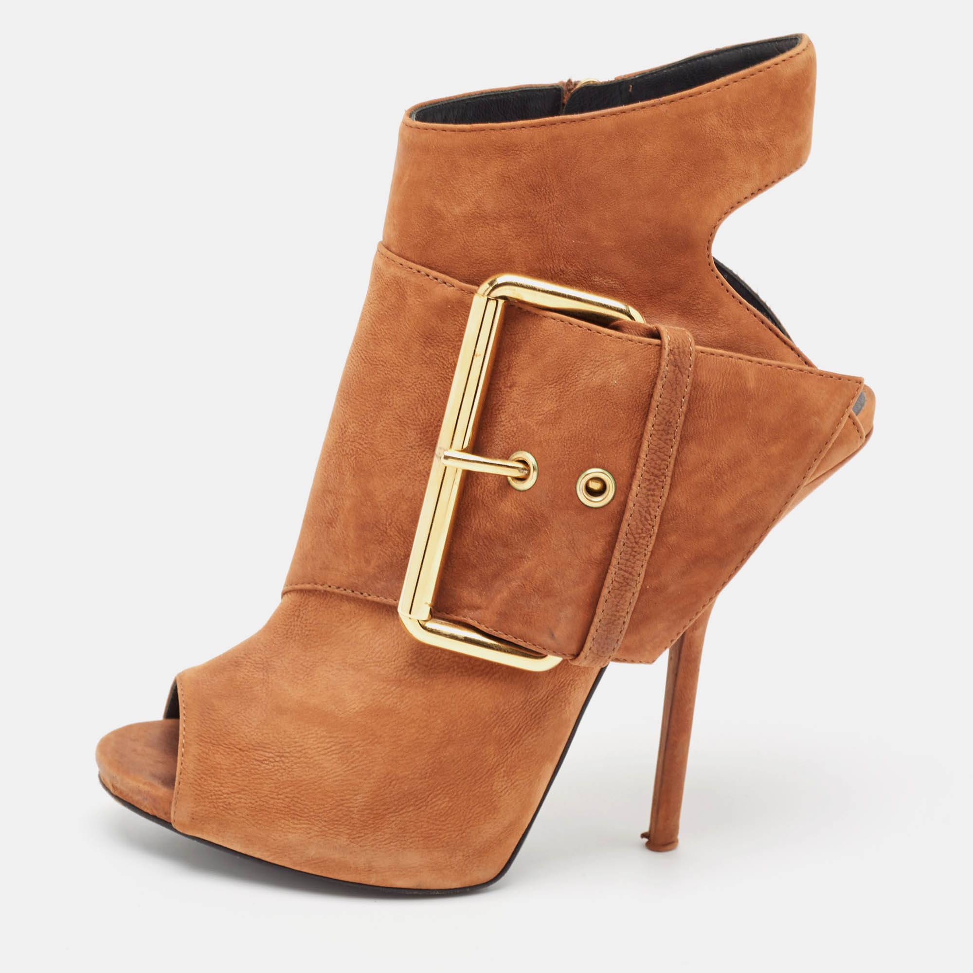 Pre-owned Giuseppe Zanotti Brown Nubuck Leather Buckle Detail Ankle Length Boots Size 37.5