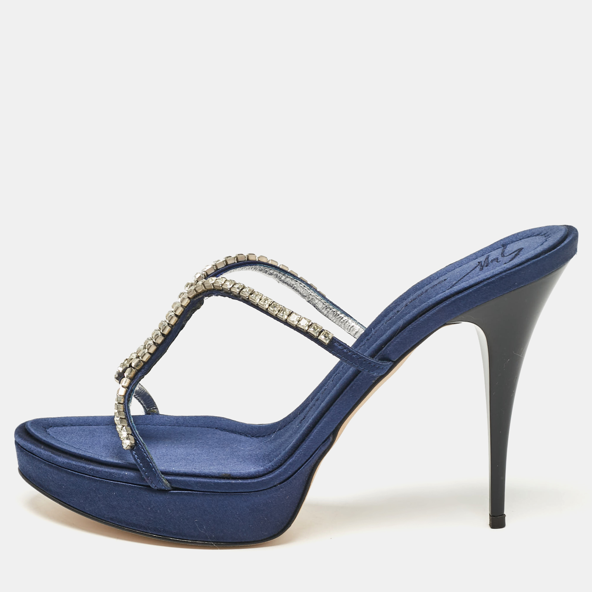 

Giuseppe Zanotti Blue Satin Crystal Embellished Platform Slide Sandals Size