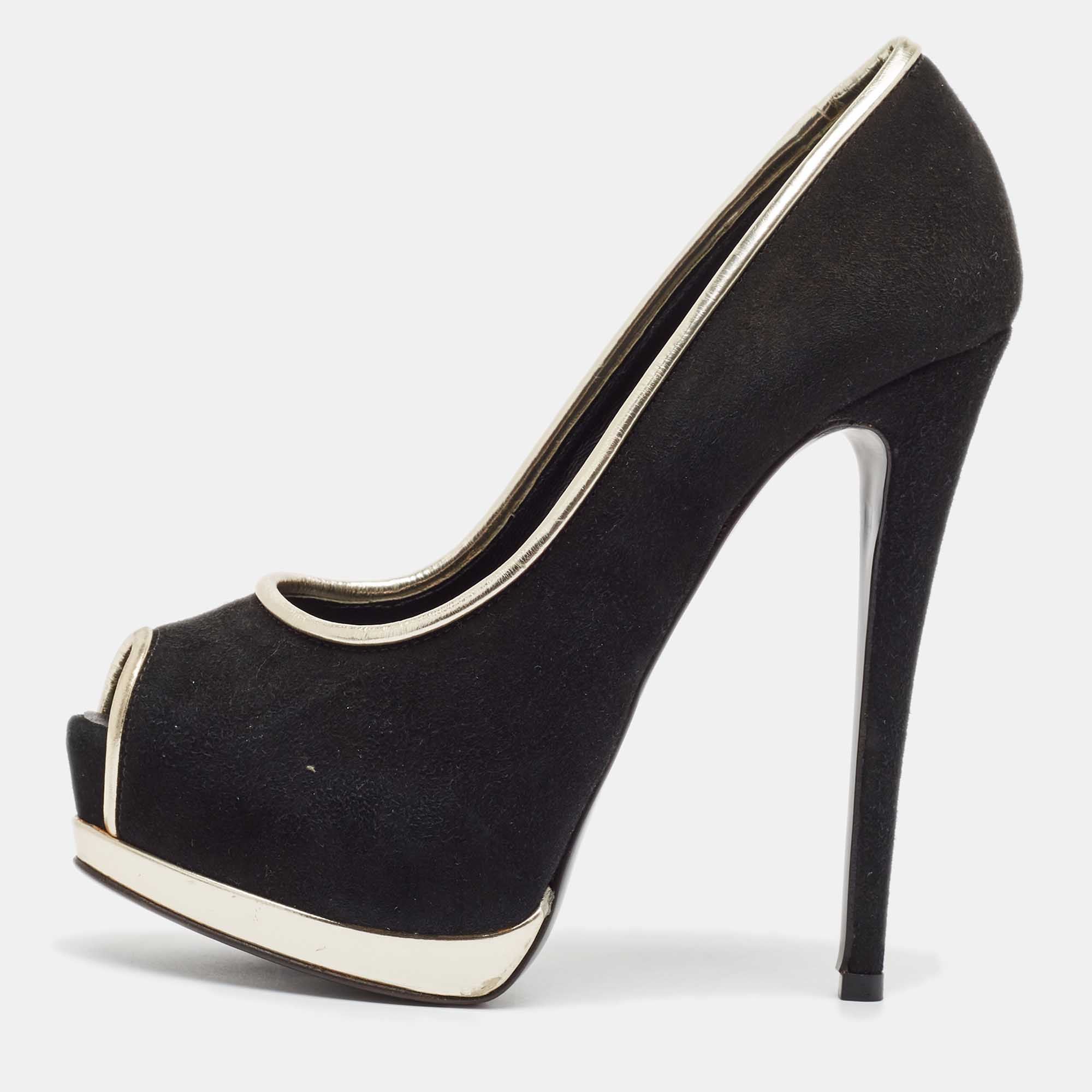 

Giuseppe Zanotti Black Leather and Suede Peep Toe Pumps Size