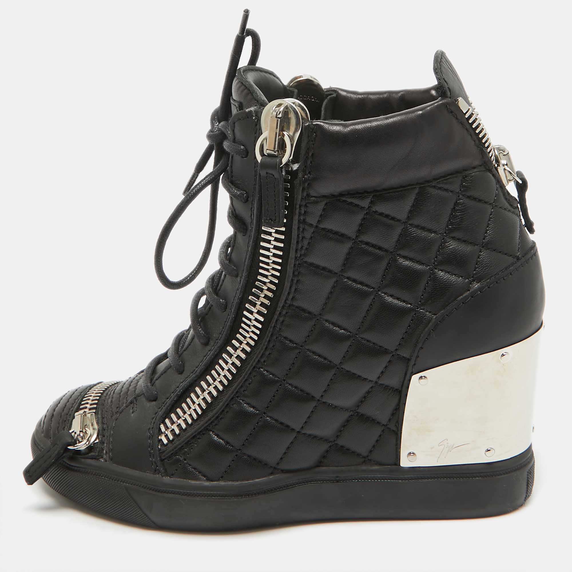 

Giuseppe Zanotti Black Quilted Leather Wedge Sneakers Size