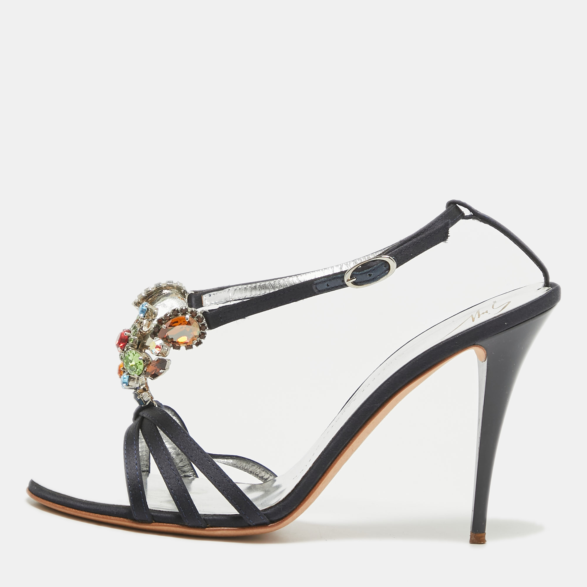 

Giuseppe Zanotti Navy Blue Satin Crystals Embellished Ankle Strap Sandals Size